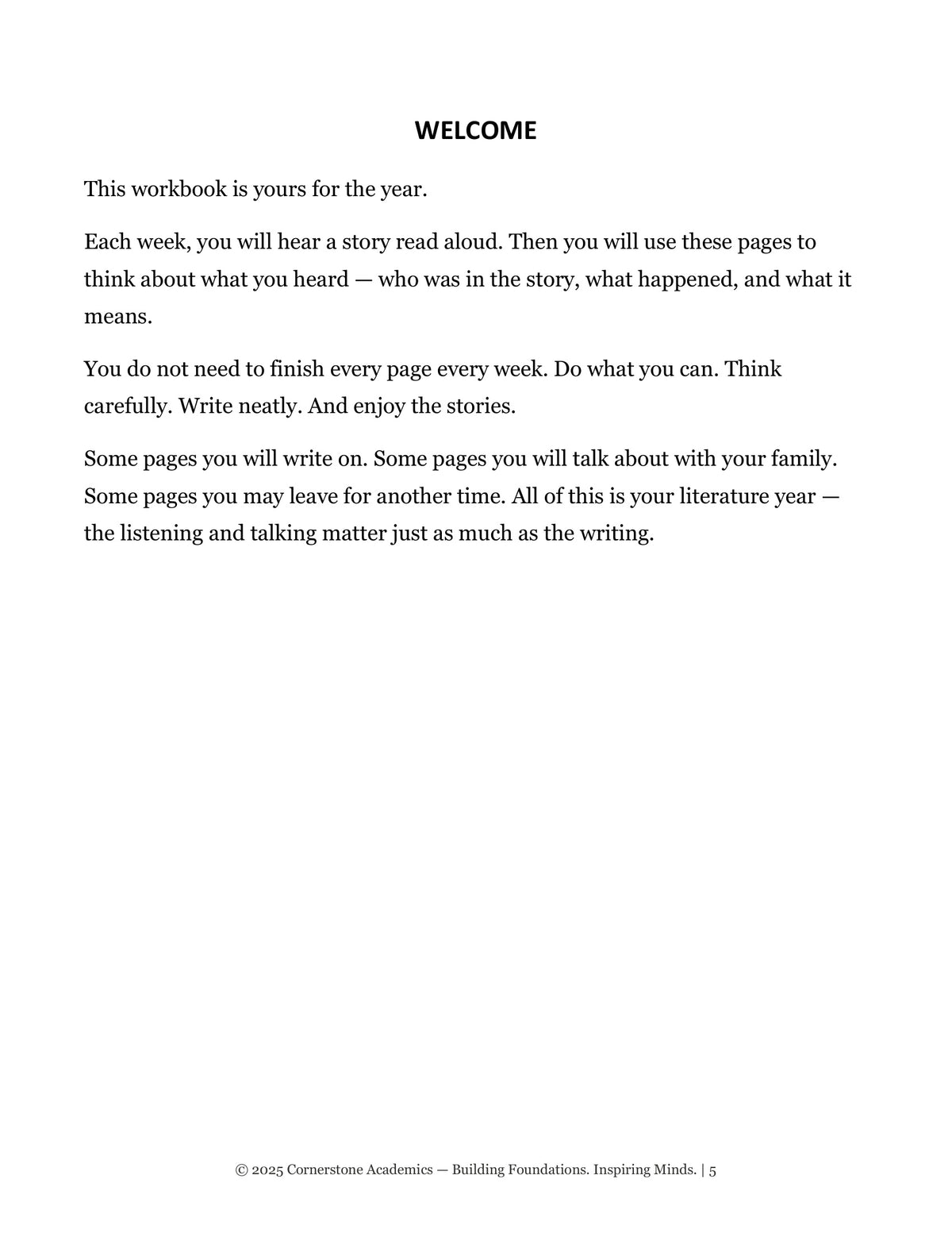 Welcome page from Grade 4 Literature Student Workbook Set, Grade 4 homeschool curriculum