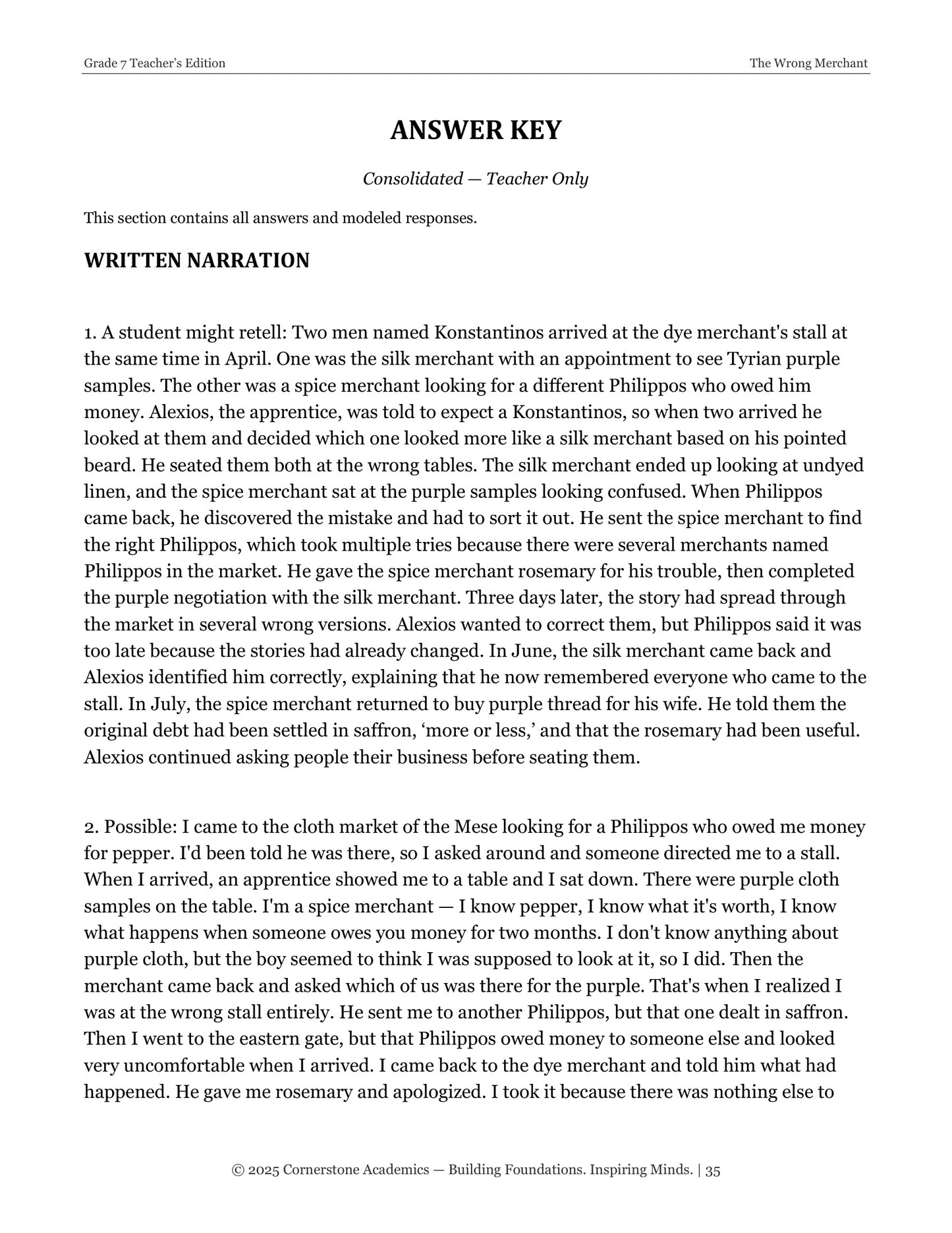 The Wrong Merchant | Grade 7 Classical Literature Packet | Cornerstone Academics