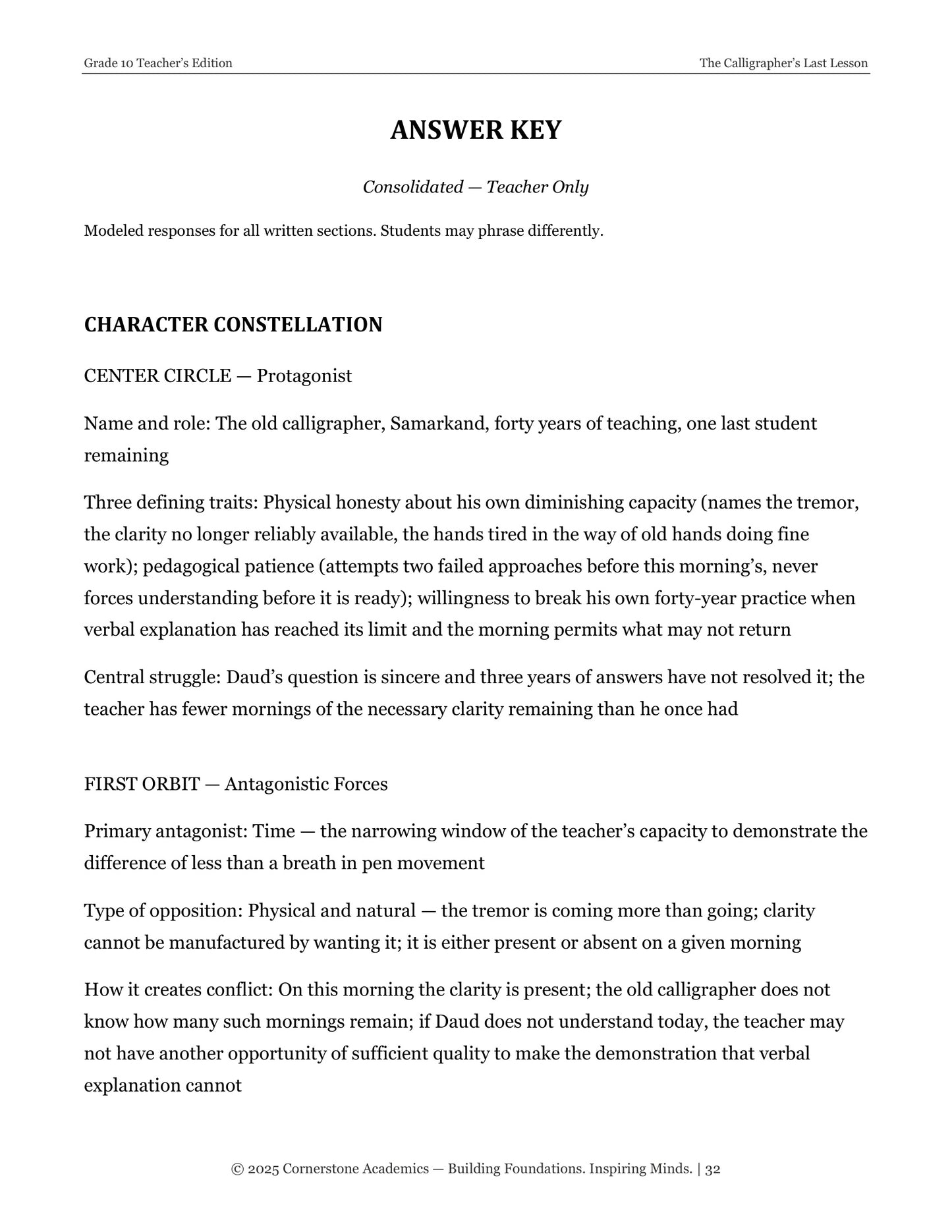 The Calligrapher's Last Lesson | Grade 10 Classical Literature Packet | Cornerstone Academics