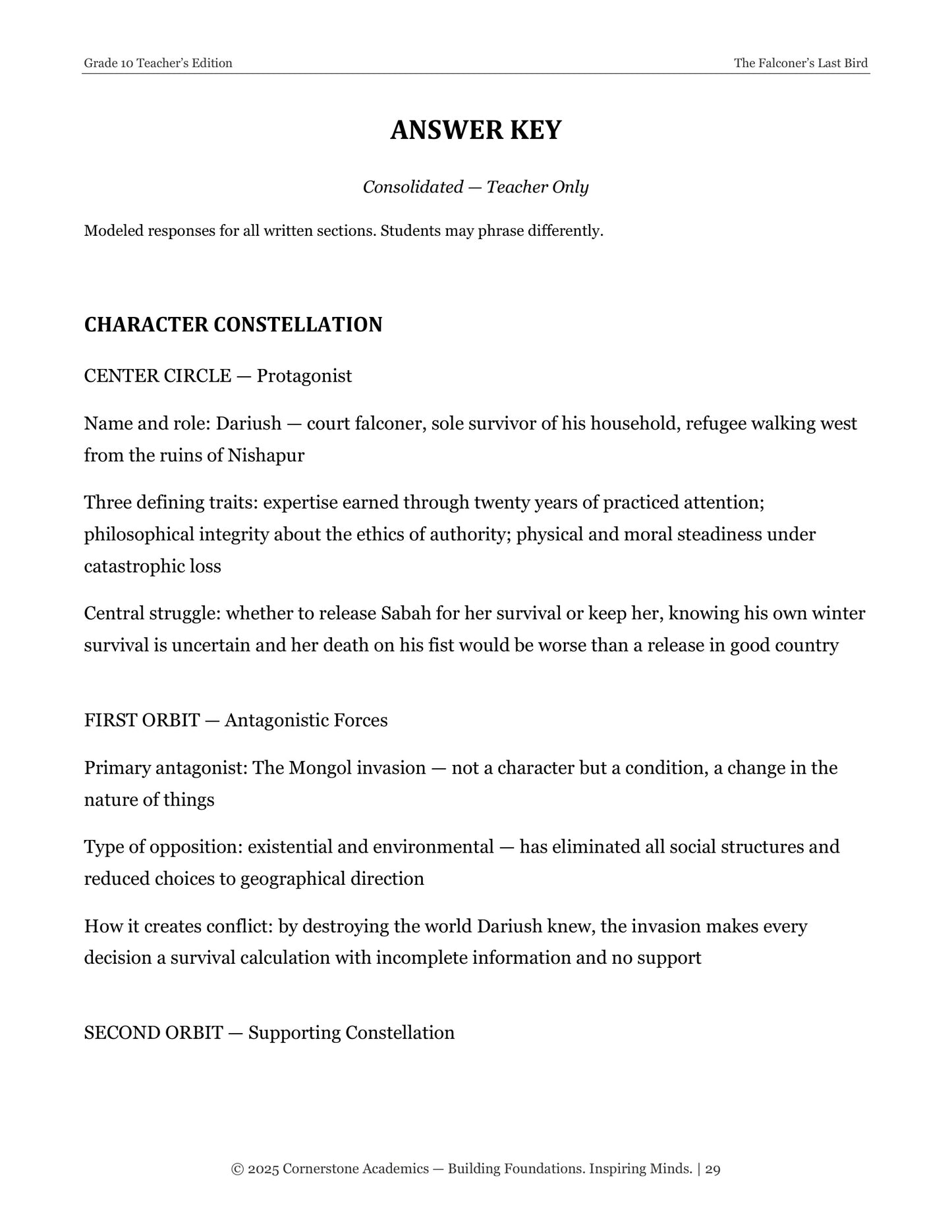 The Falconer's Last Bird | Grade 10 Classical Literature Packet | Cornerstone Academics