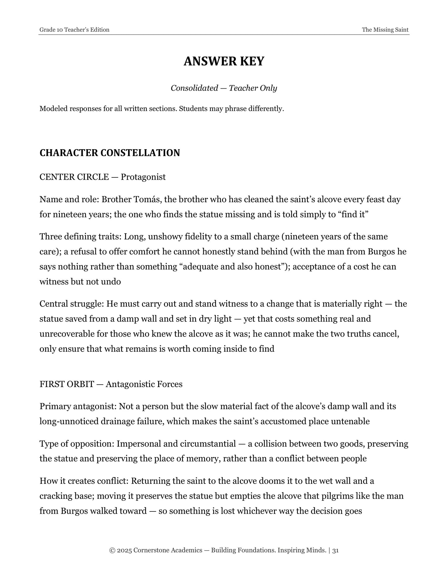 The Missing Saint | Grade 10 Classical Literature Packet | Cornerstone Academics