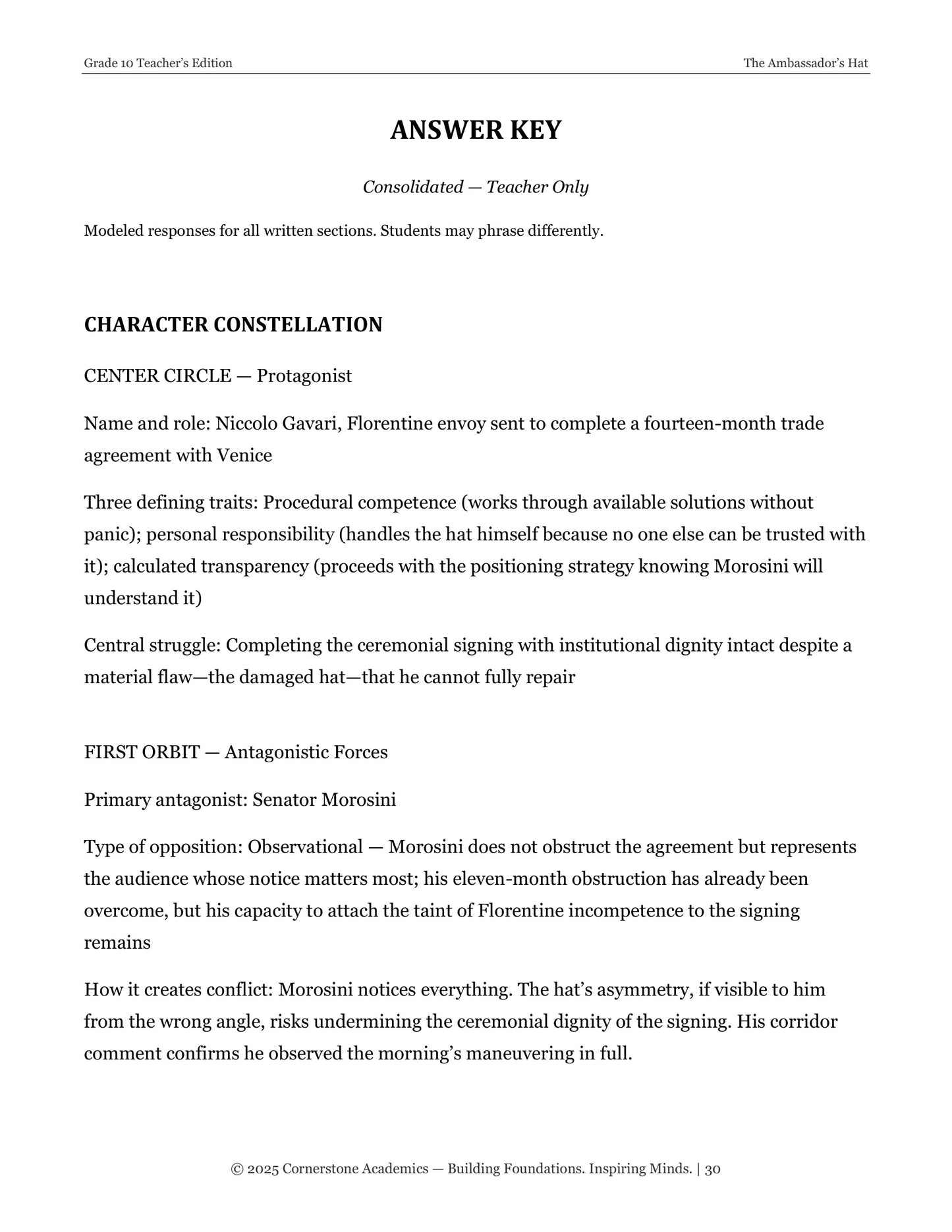 The Ambassador's Hat | Grade 10 Classical Literature Packet | Cornerstone Academics