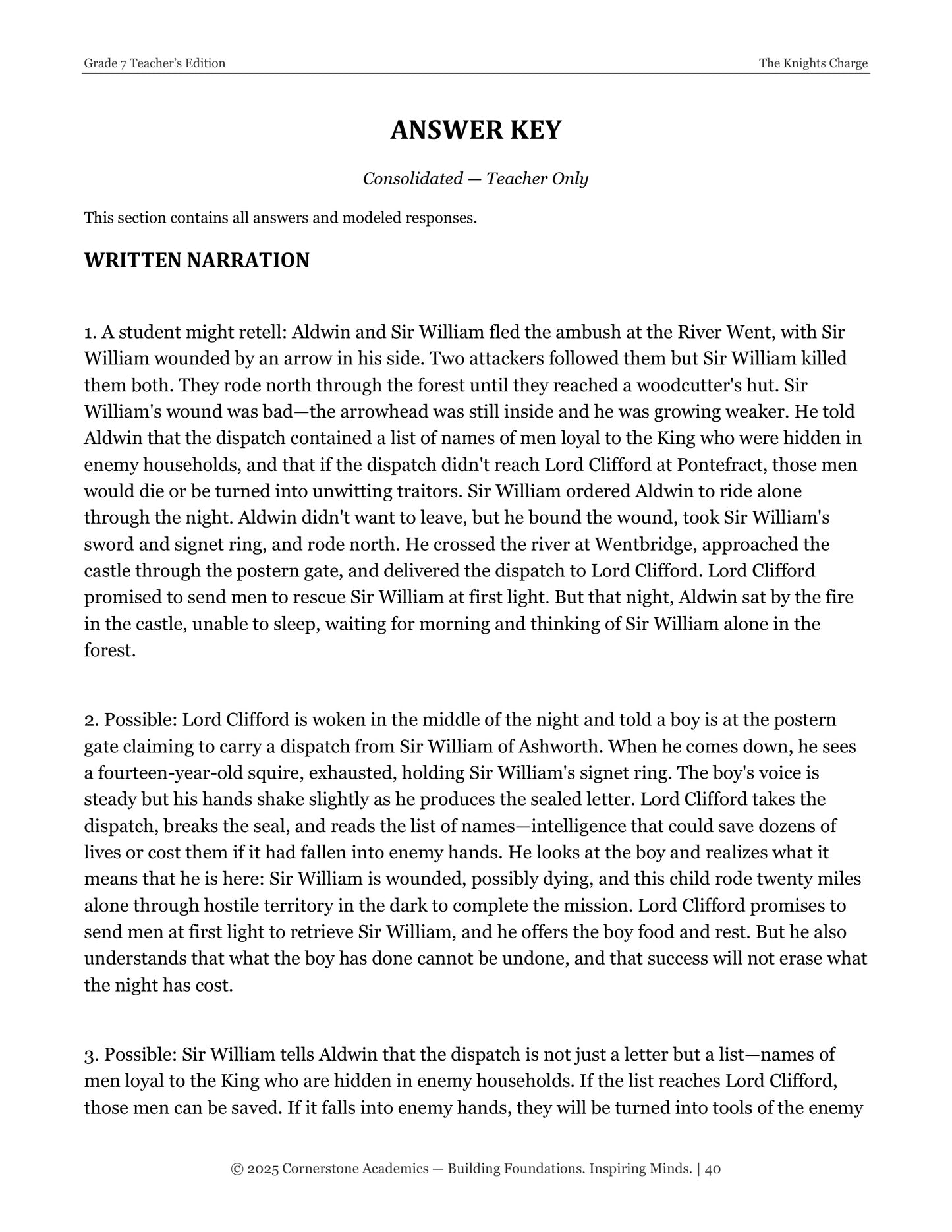 The Knight's Charge | Grade 7 Classical Literature Packet | Cornerstone Academics