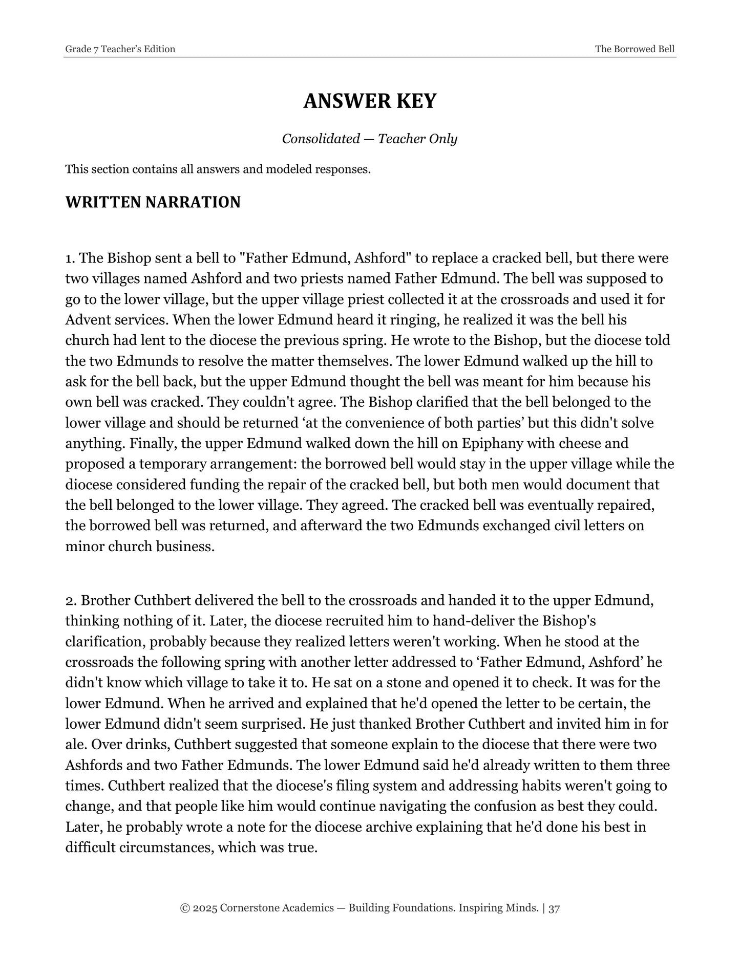 The Borrowed Bell | Grade 7 Classical Literature Packet | Cornerstone Academics