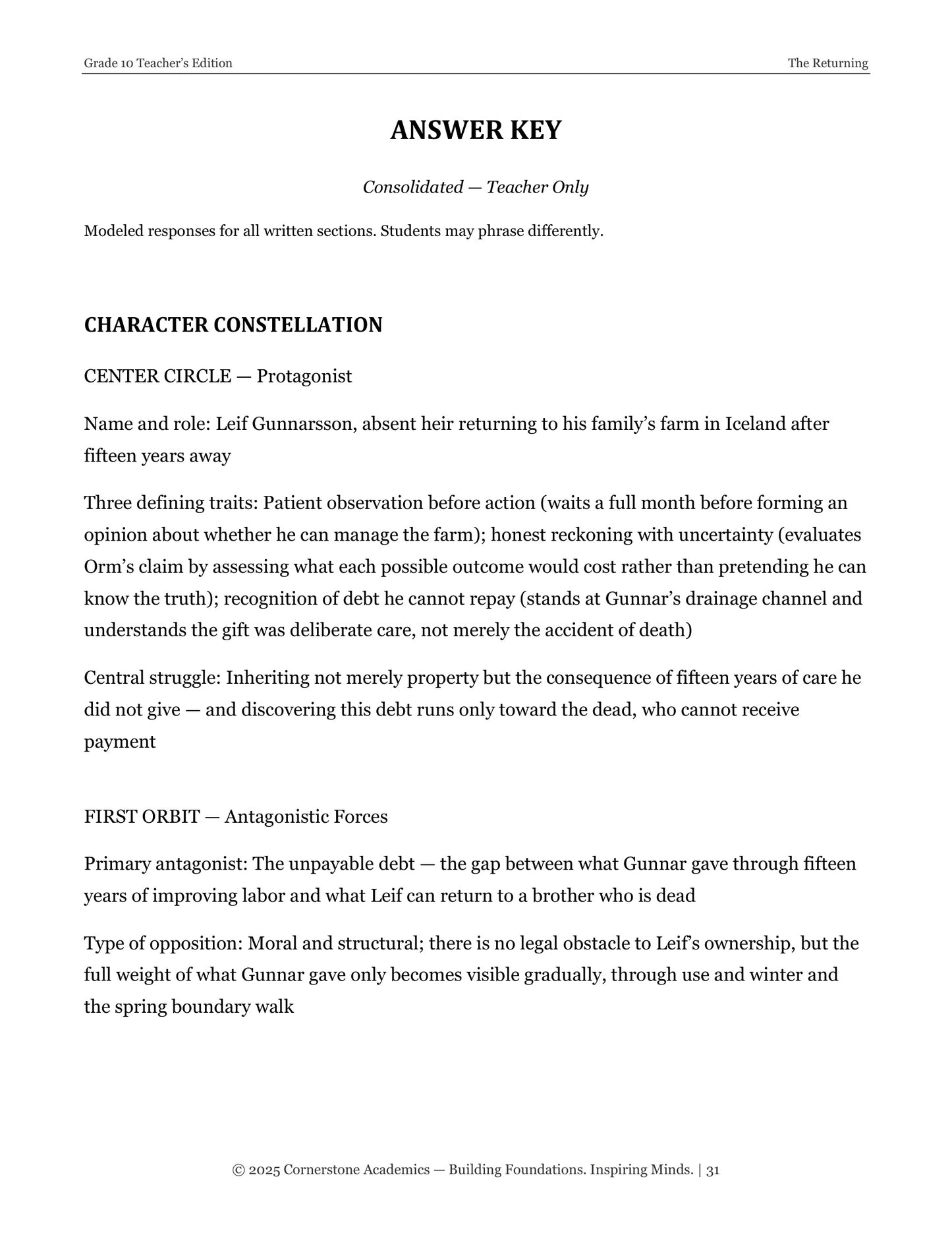 The Returning | Grade 10 Classical Literature Packet | Cornerstone Academics