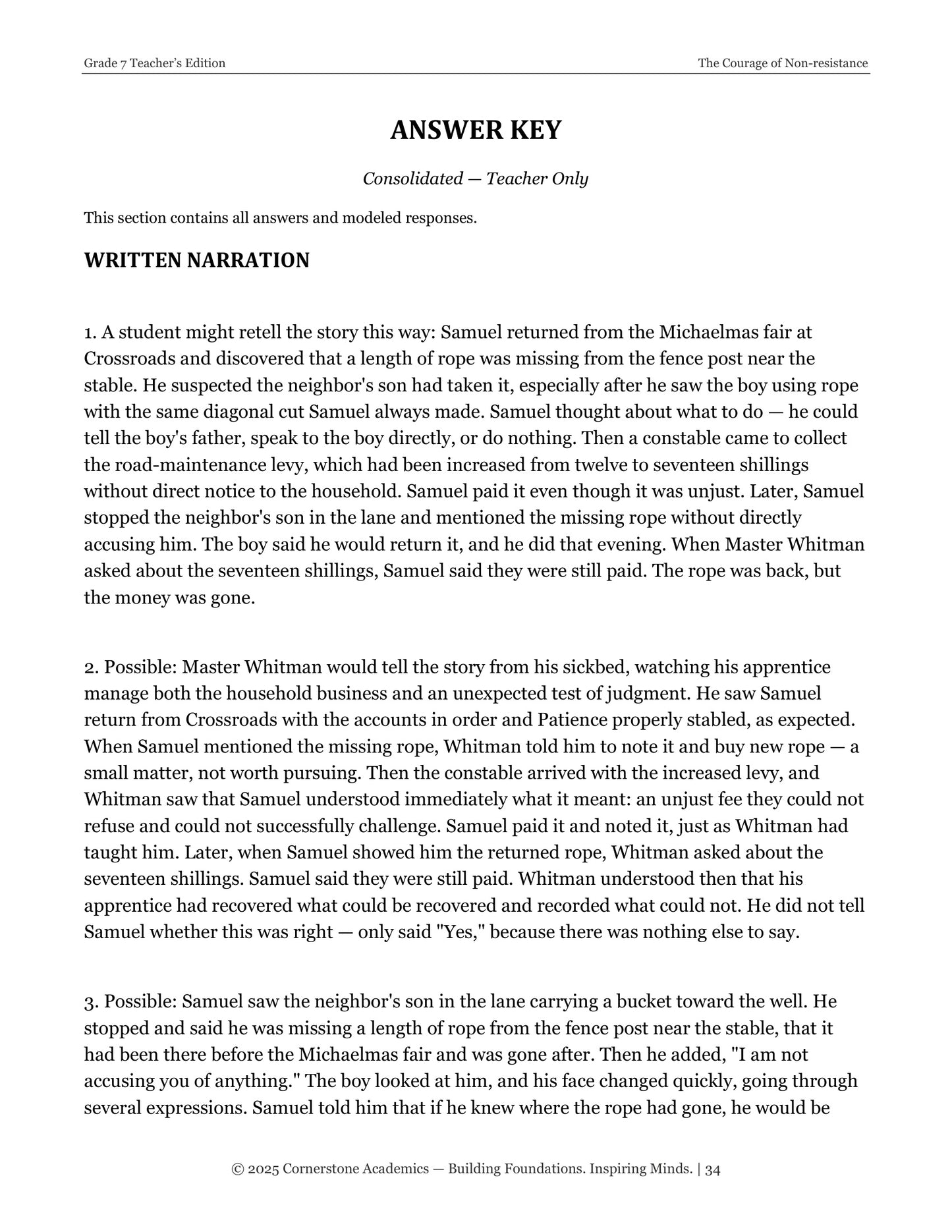The Courage of Non-resistance | Grade 7 Classical Literature Packet | Cornerstone Academics