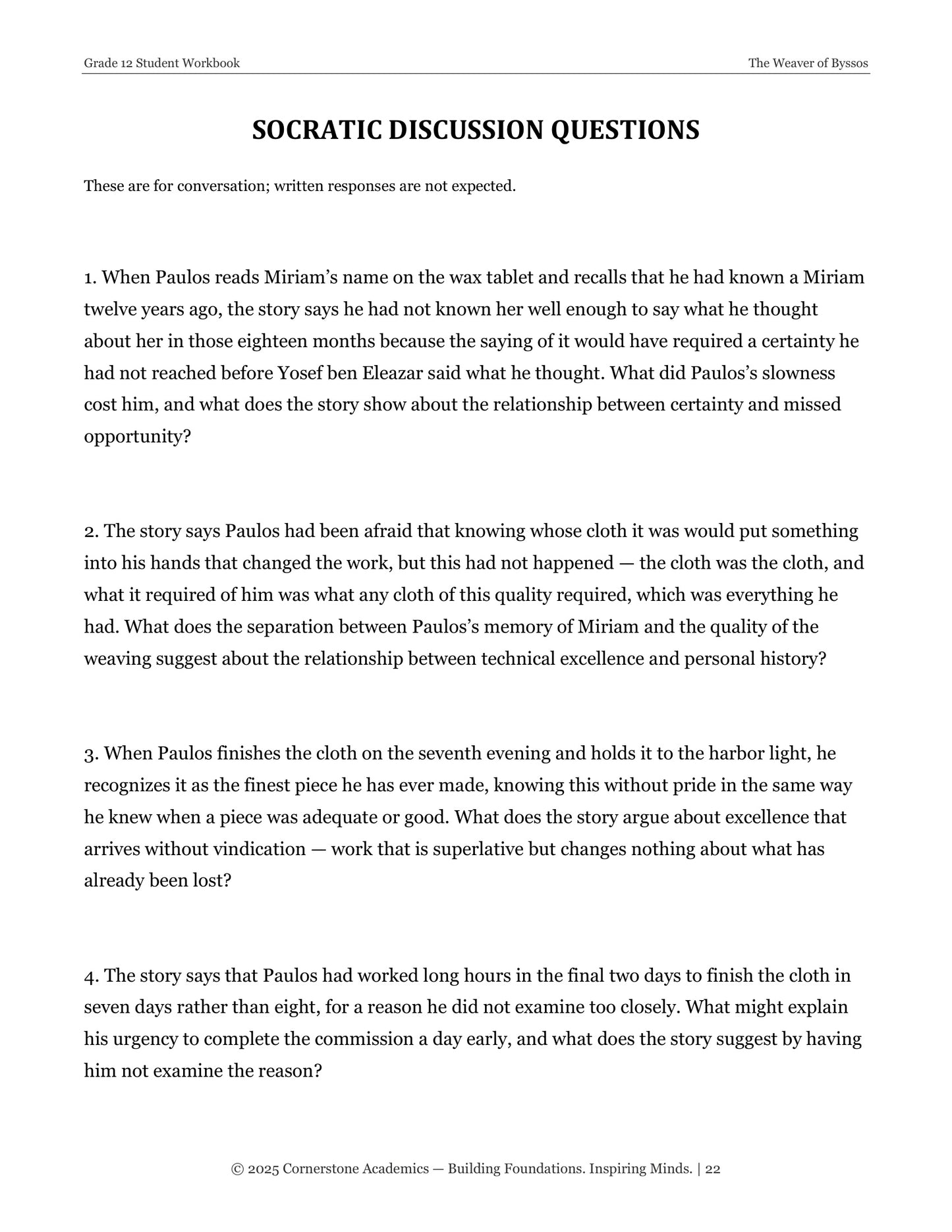 The Weaver of Byssos | Grade 12 Classical Literature Packet | Cornerstone Academics