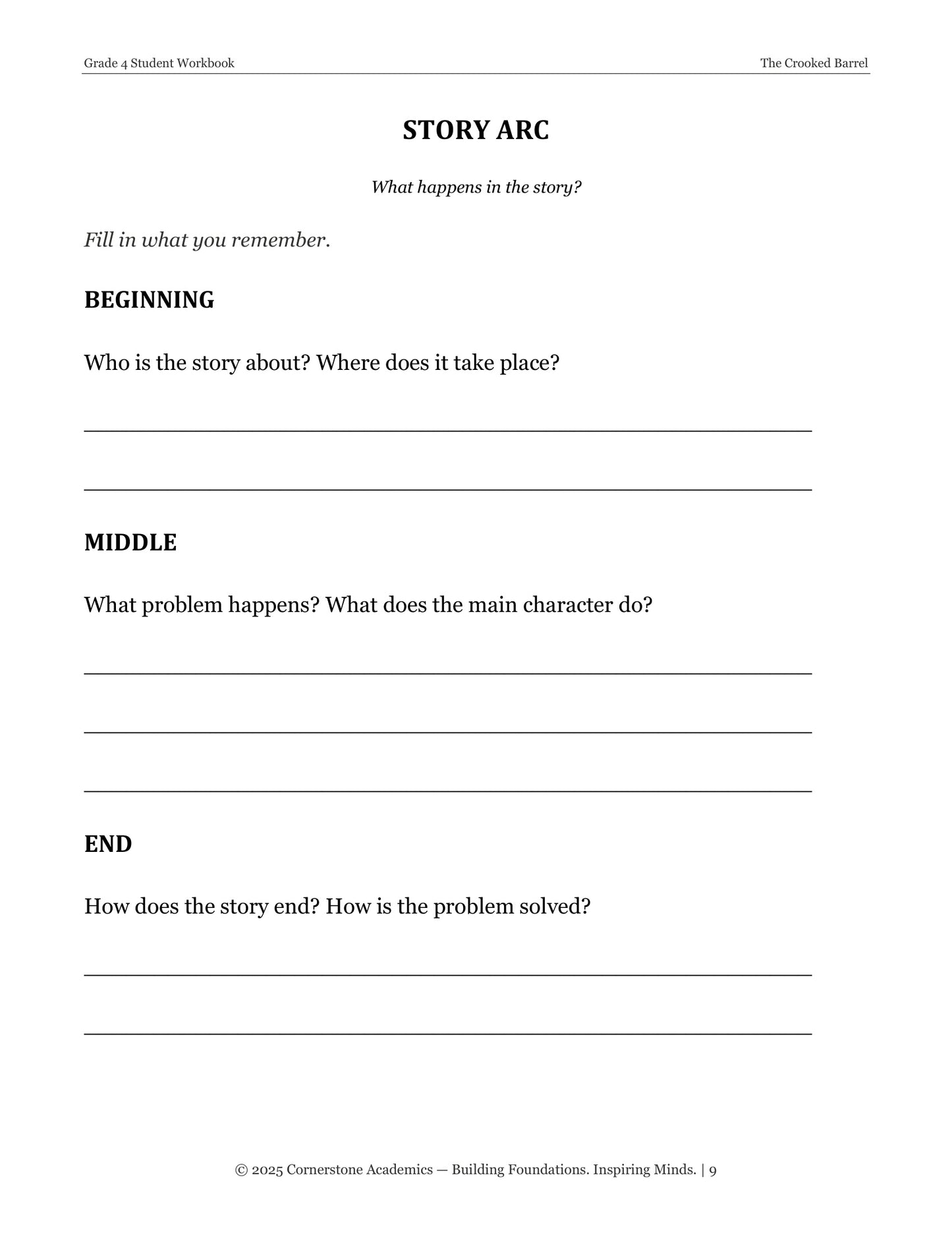 Cornerstone Story Arc instruction page from The Crooked Barrel, Grade 4 literature packet