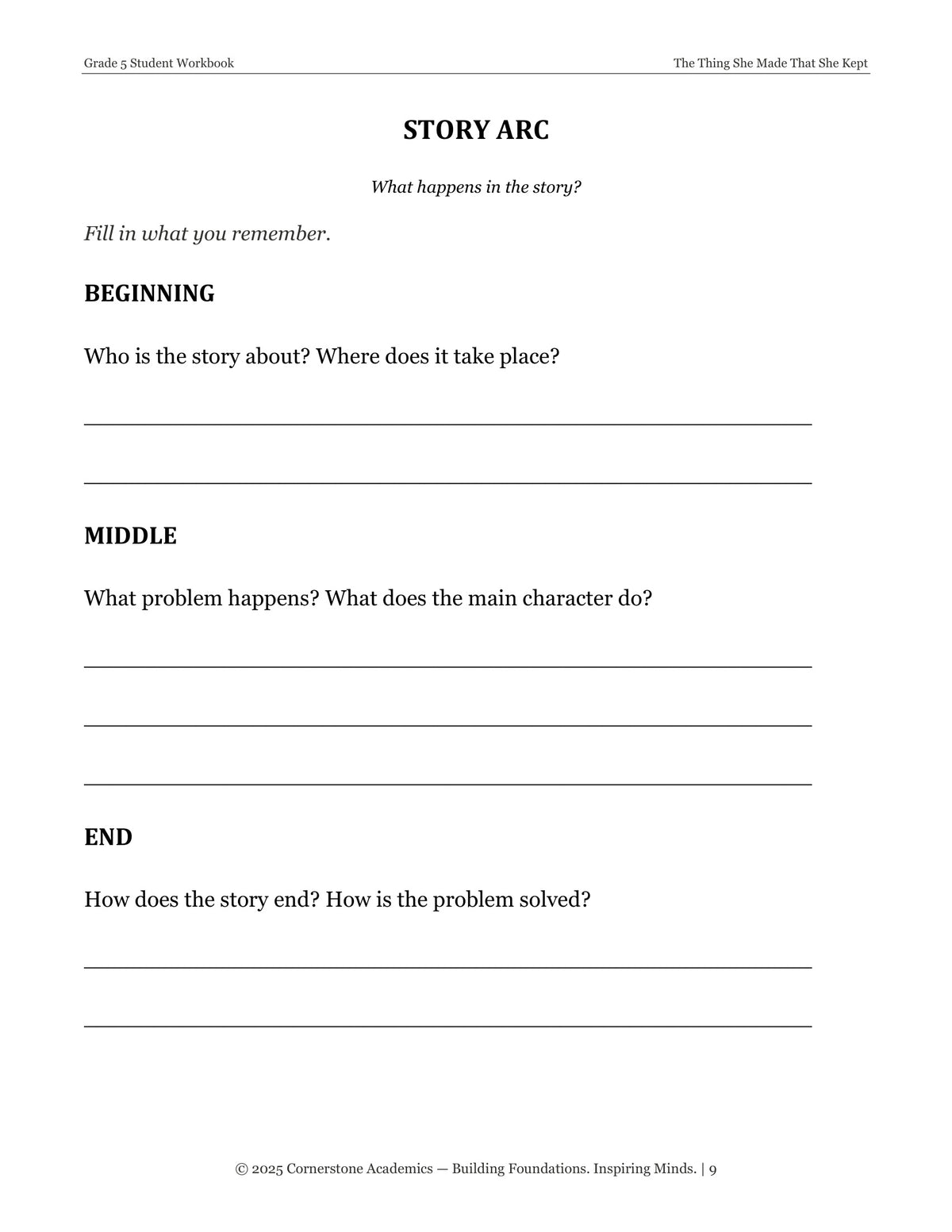 Cornerstone Story Arc instruction page from The Thing She Made That She Kept, Grade 5 literature packet