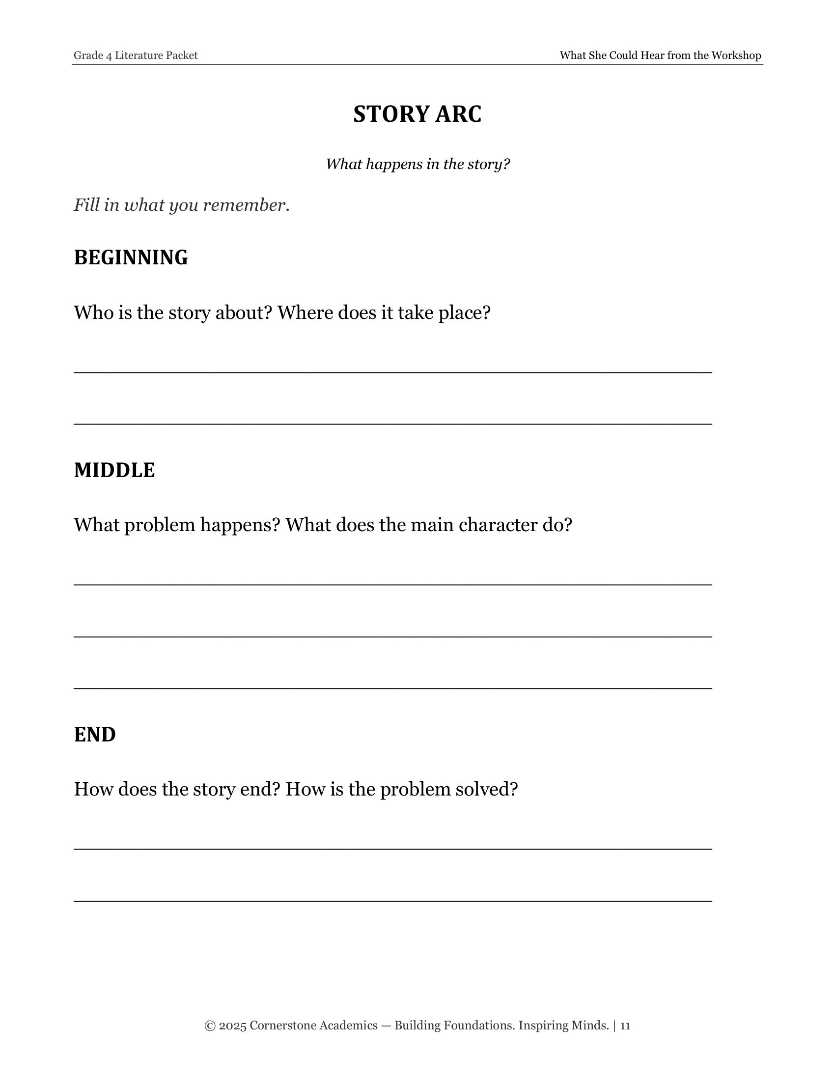 Cornerstone Story Arc instruction page from What She Could Hear from the Workshop, Grade 4 literature packet