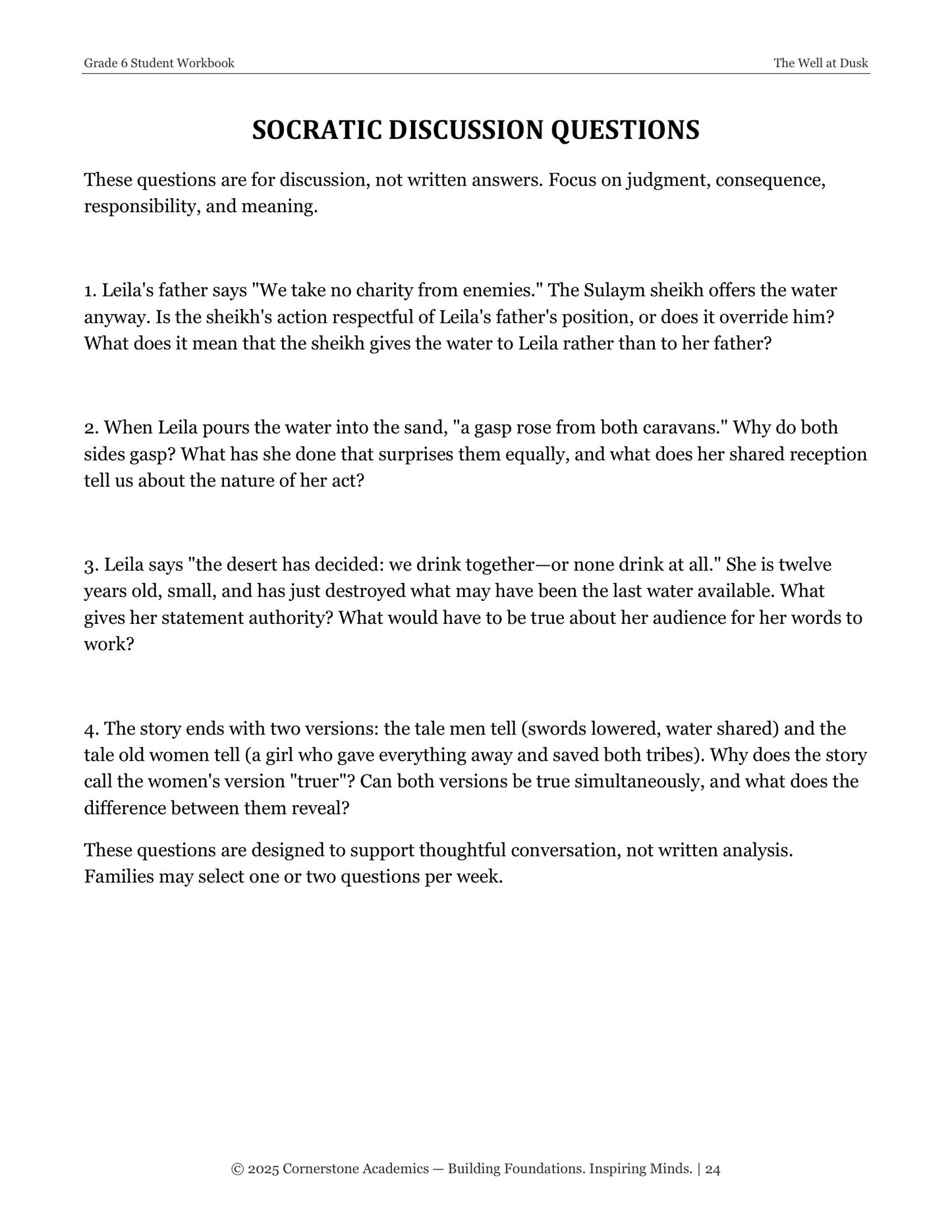 The Well at Dusk | Grade 6 Classical Literature Packet | Cornerstone Academics