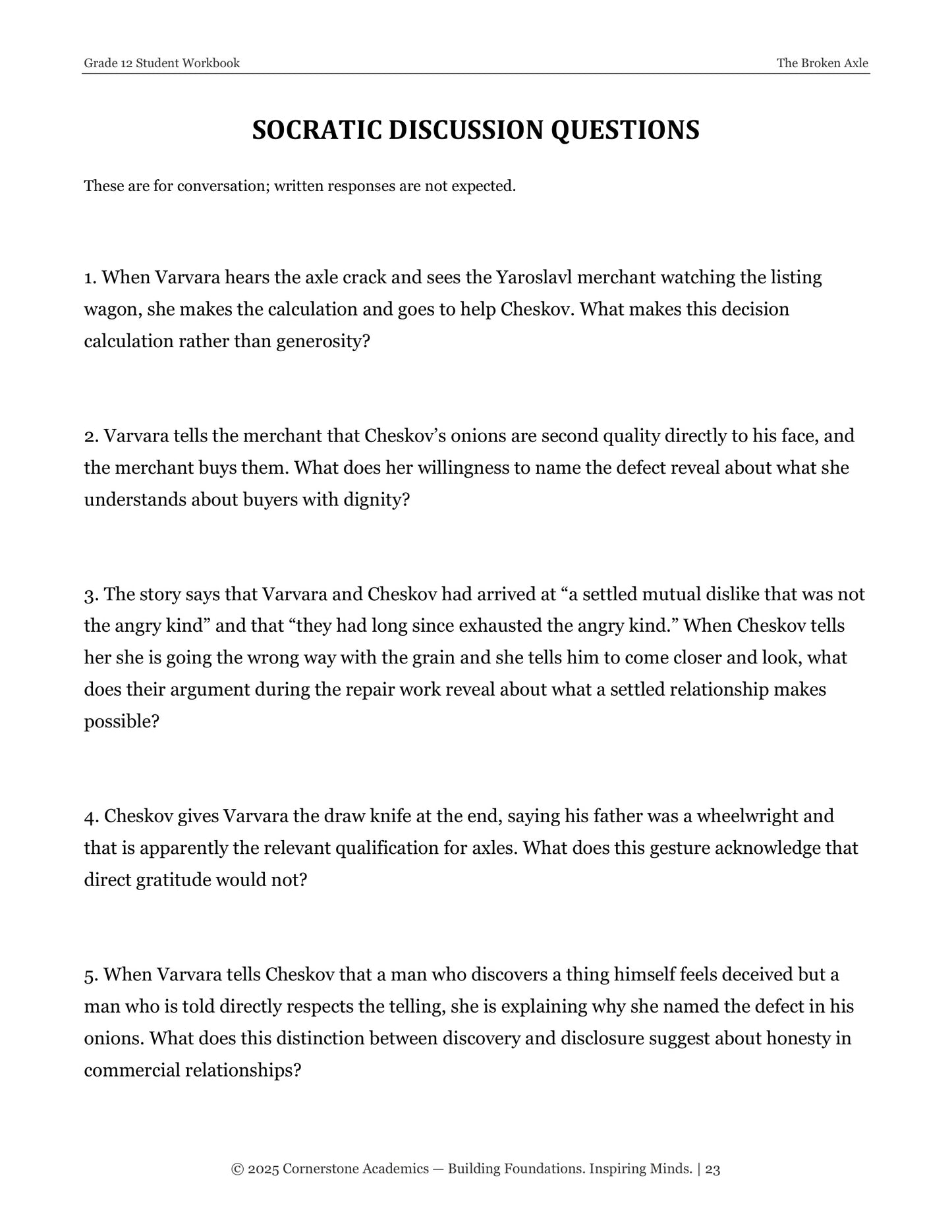 The Broken Axle | Grade 12 Classical Literature Packet | Cornerstone Academics