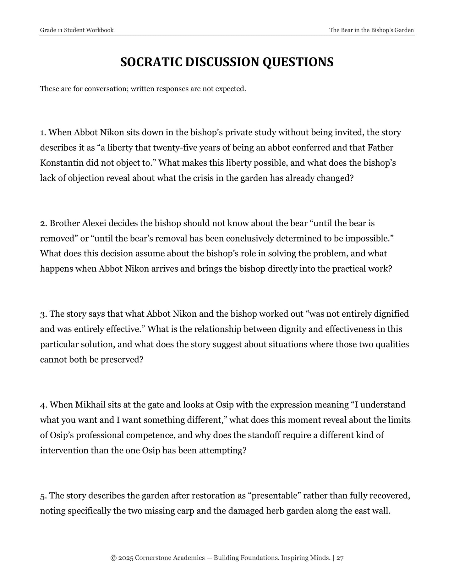 The Bear in the Bishop's Garden | Grade 11 Classical Literature Packet | Cornerstone Academics