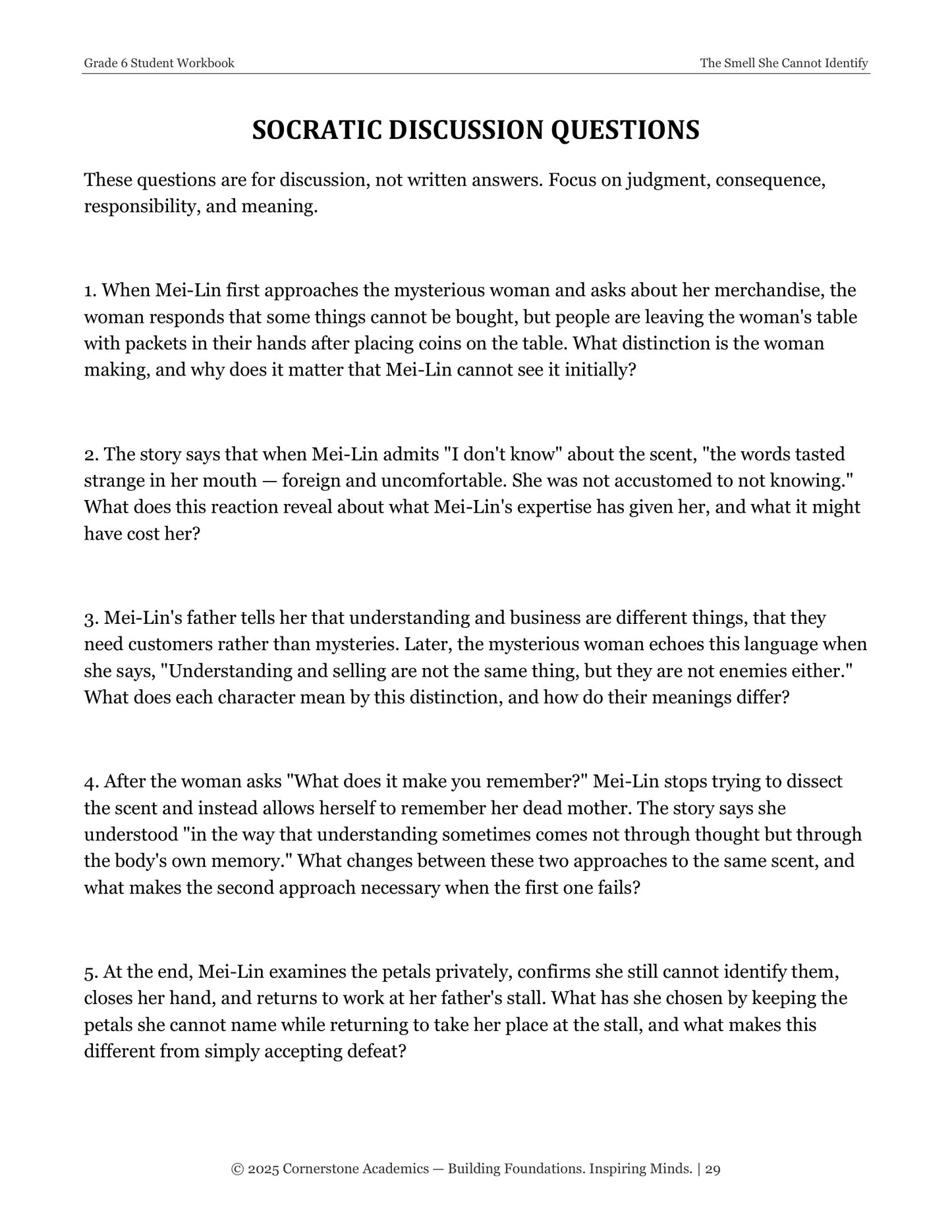 The Smell She Cannot Identify | Grade 6 Classical Literature Packet | Cornerstone Academics