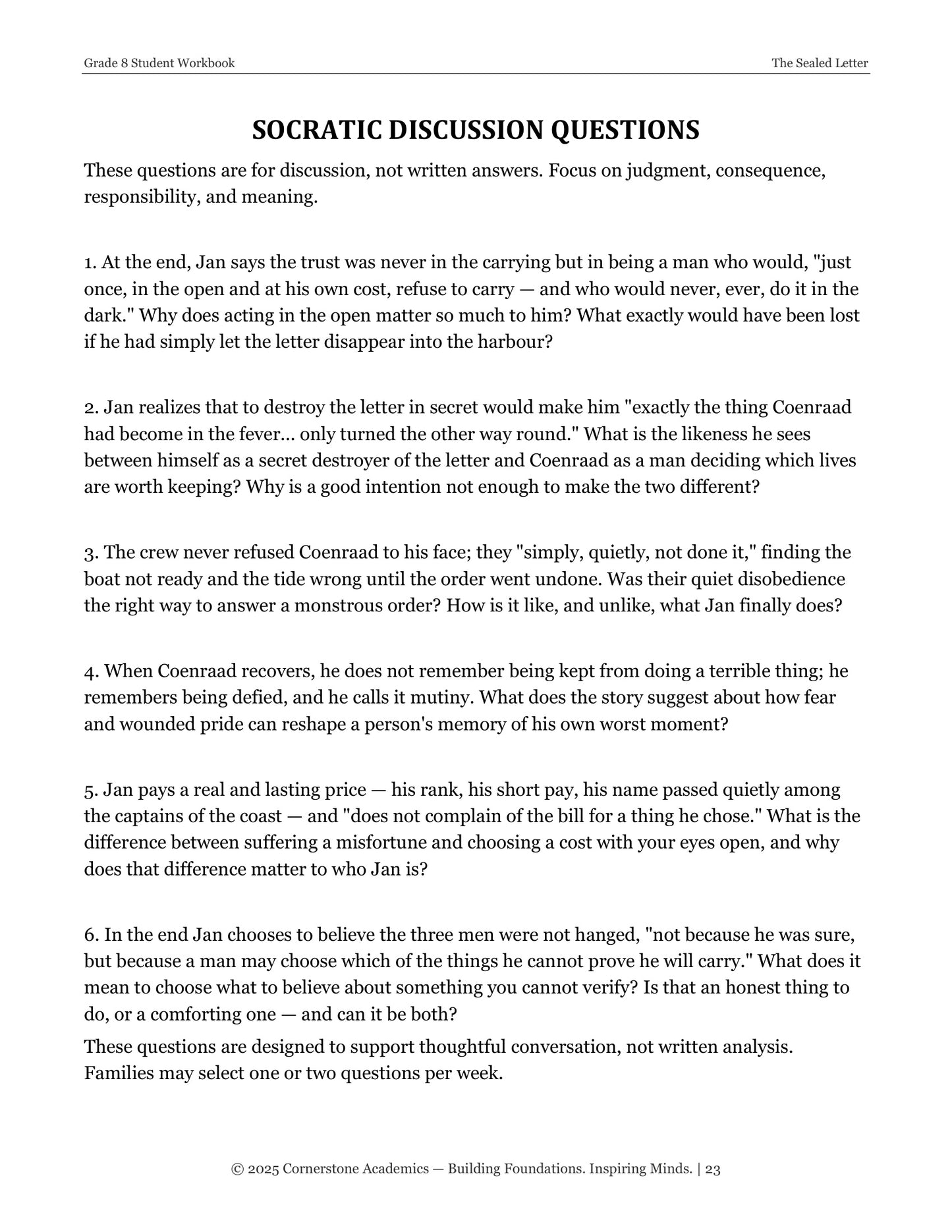 The Sealed Letter | Grade 8 Classical Literature Packet | Cornerstone Academics