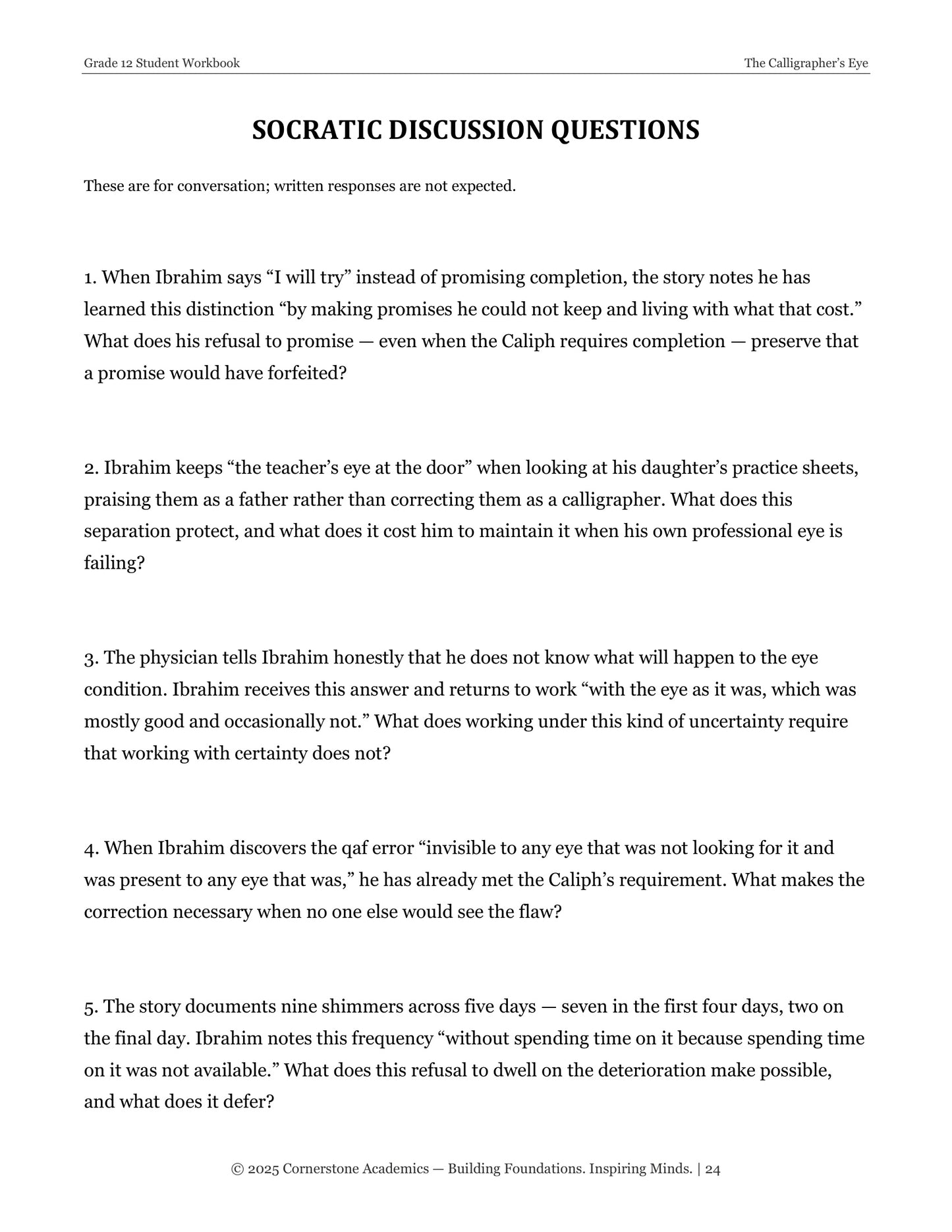 The Calligrapher’s Eye | Grade 12 Classical Literature Packet | Cornerstone Academics