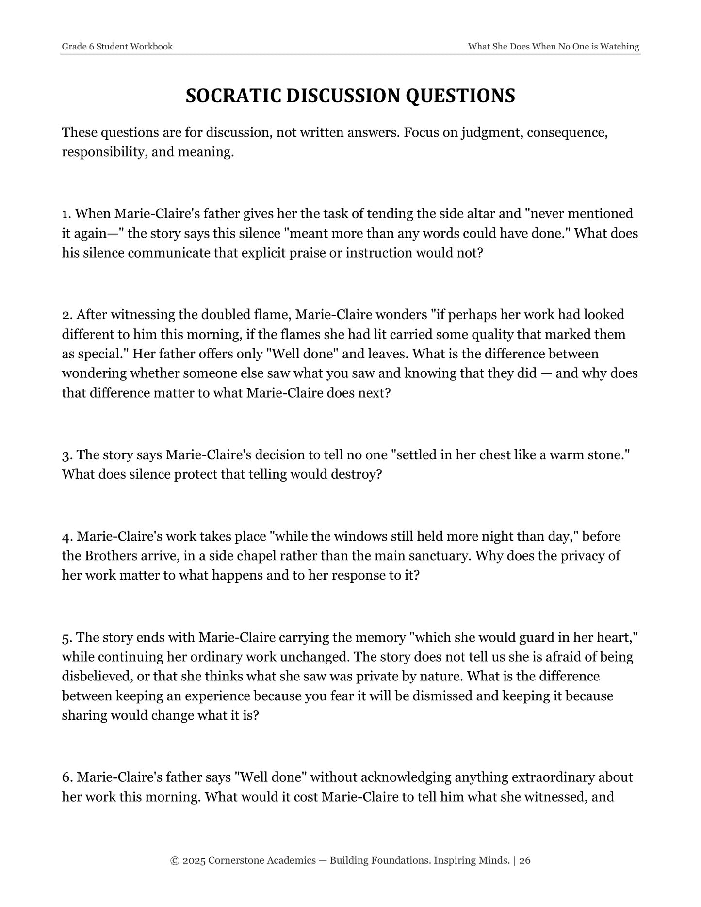 What She Does When No One Is Watching | Grade 6 Classical Literature Packet | Cornerstone Academics