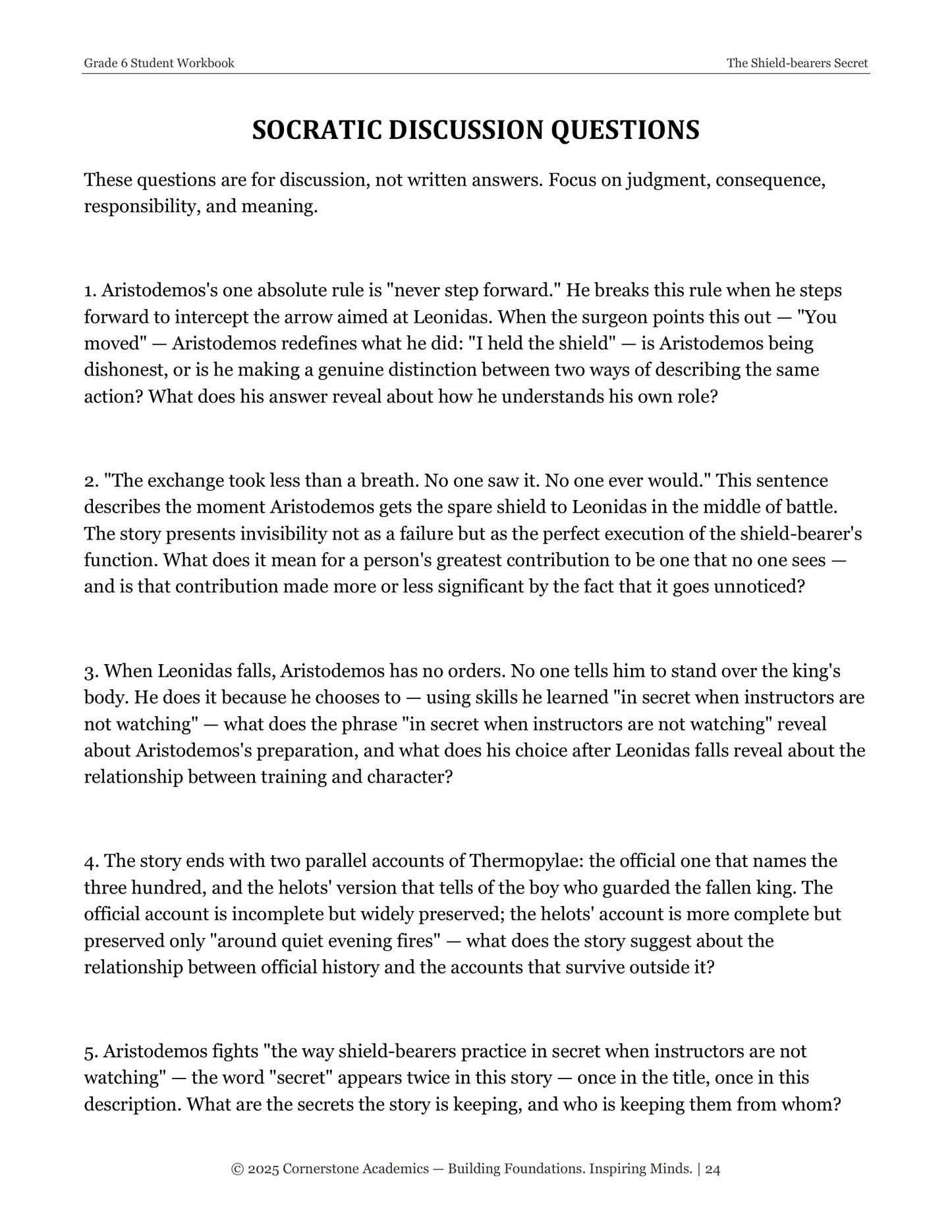 The Shield-Bearer's Secret | Grade 6 Classical Literature Packet | Cornerstone Academics