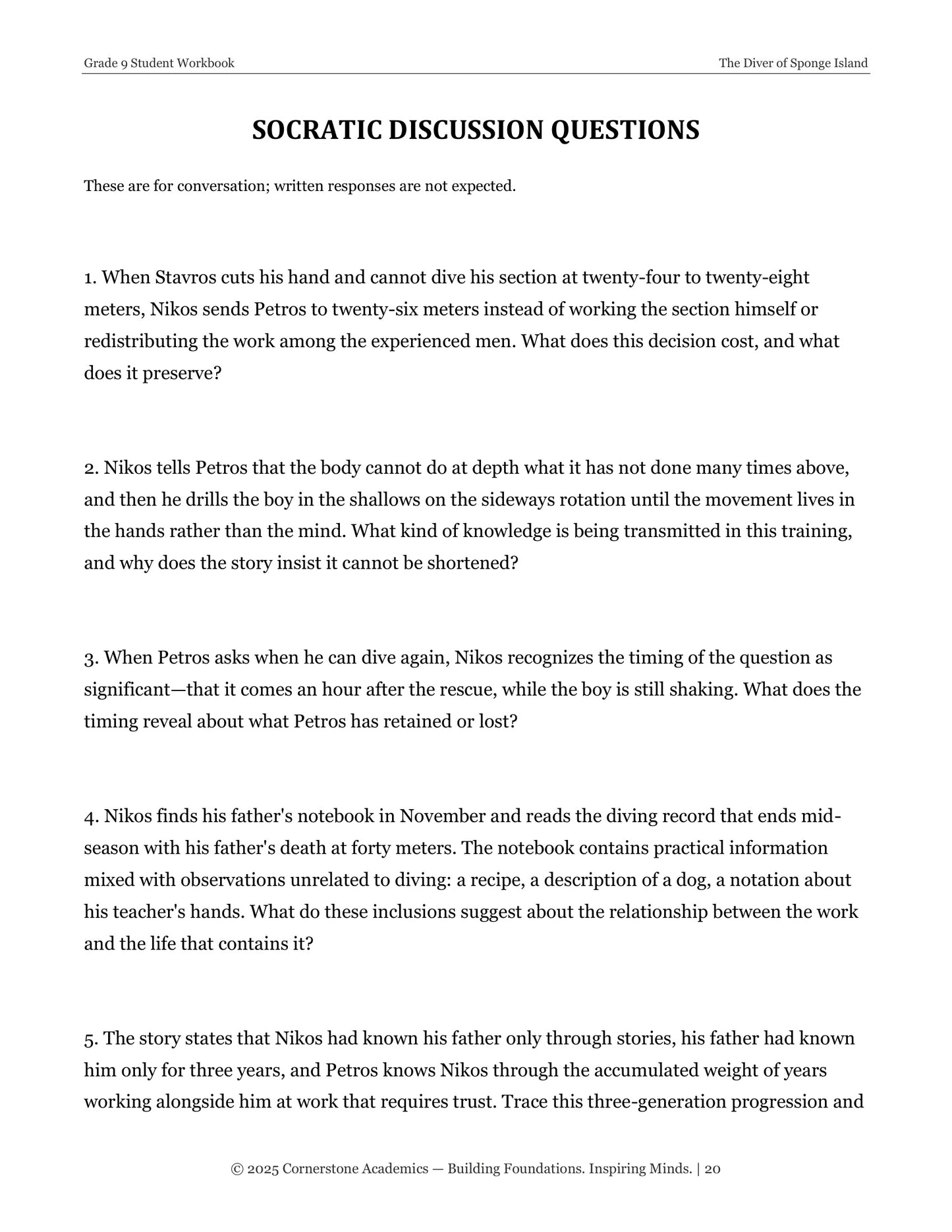 The Diver of Sponge Island | Grade 9 Classical Literature Packet | Cornerstone Academics