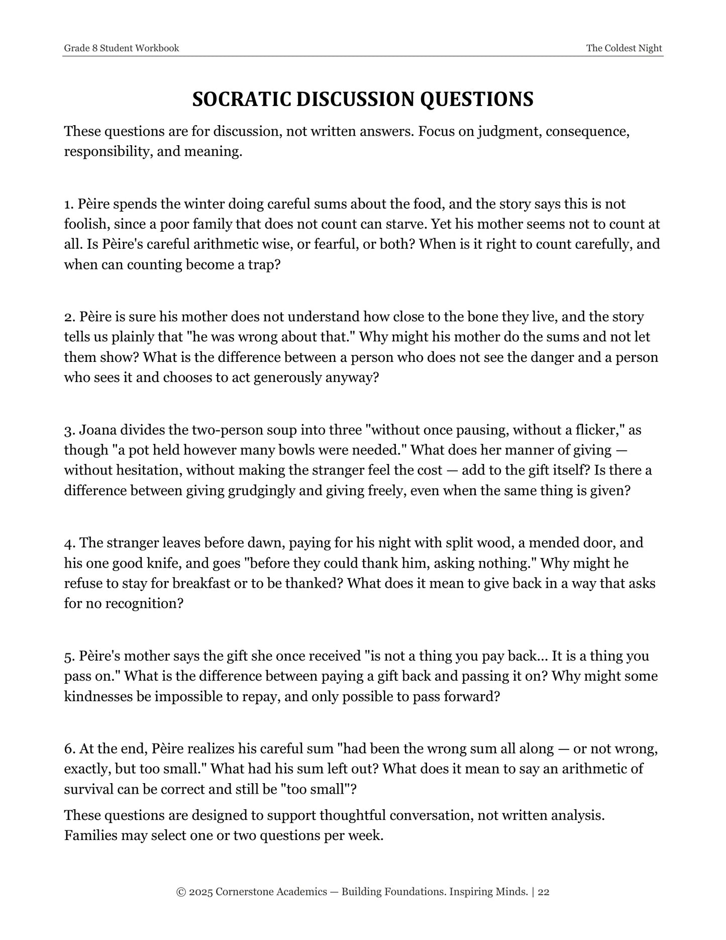 The Coldest Night | Grade 8 Classical Literature Packet | Cornerstone Academics