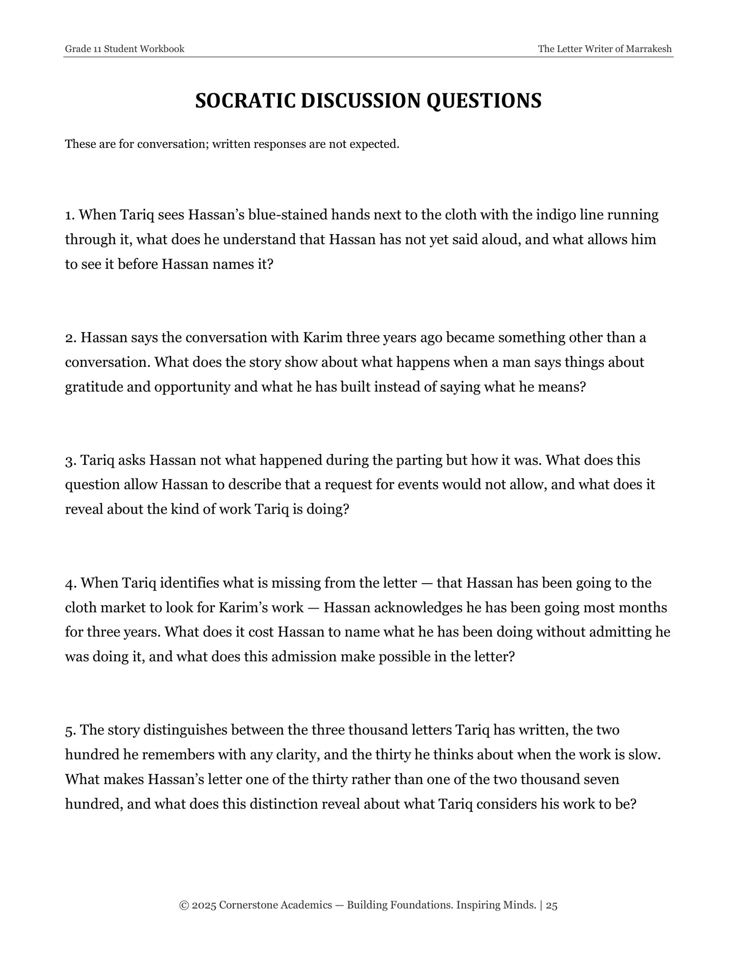 The Letter Writer of Marrakesh | Grade 11 Classical Literature Packet | Cornerstone Academics