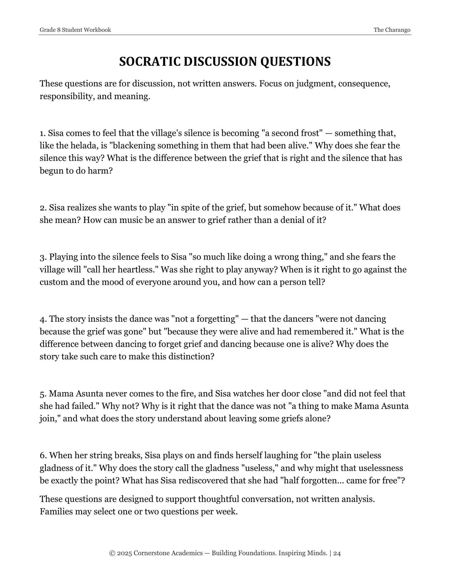 The Charango | Grade 8 Classical Literature Packet | Cornerstone Academics