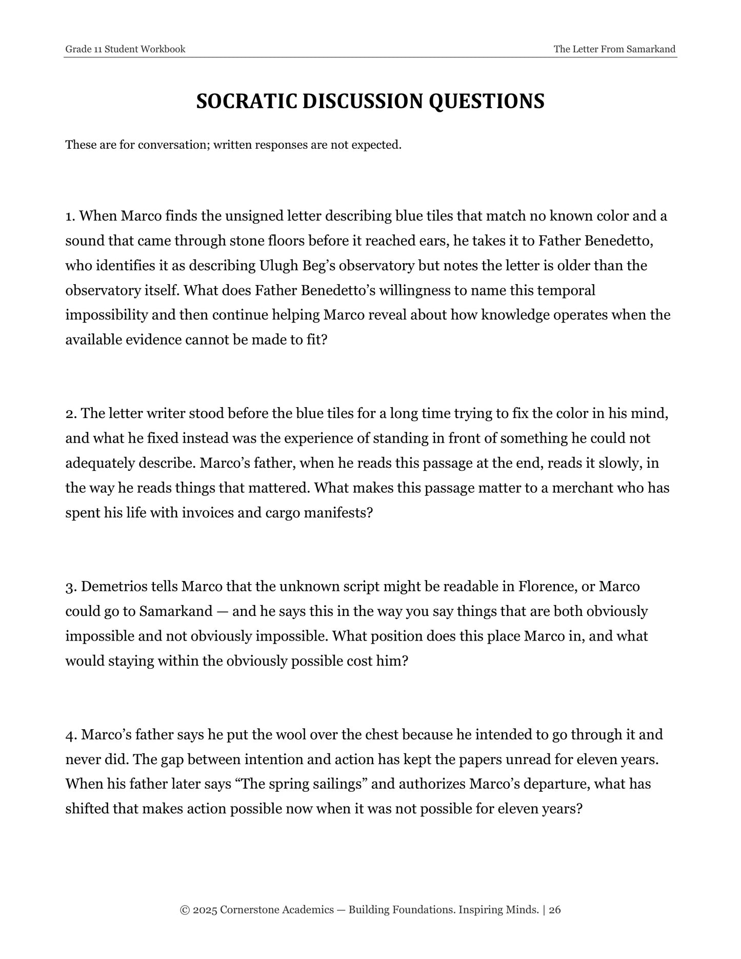 The Letter From Samarkand | Grade 11 Classical Literature Packet | Cornerstone Academics