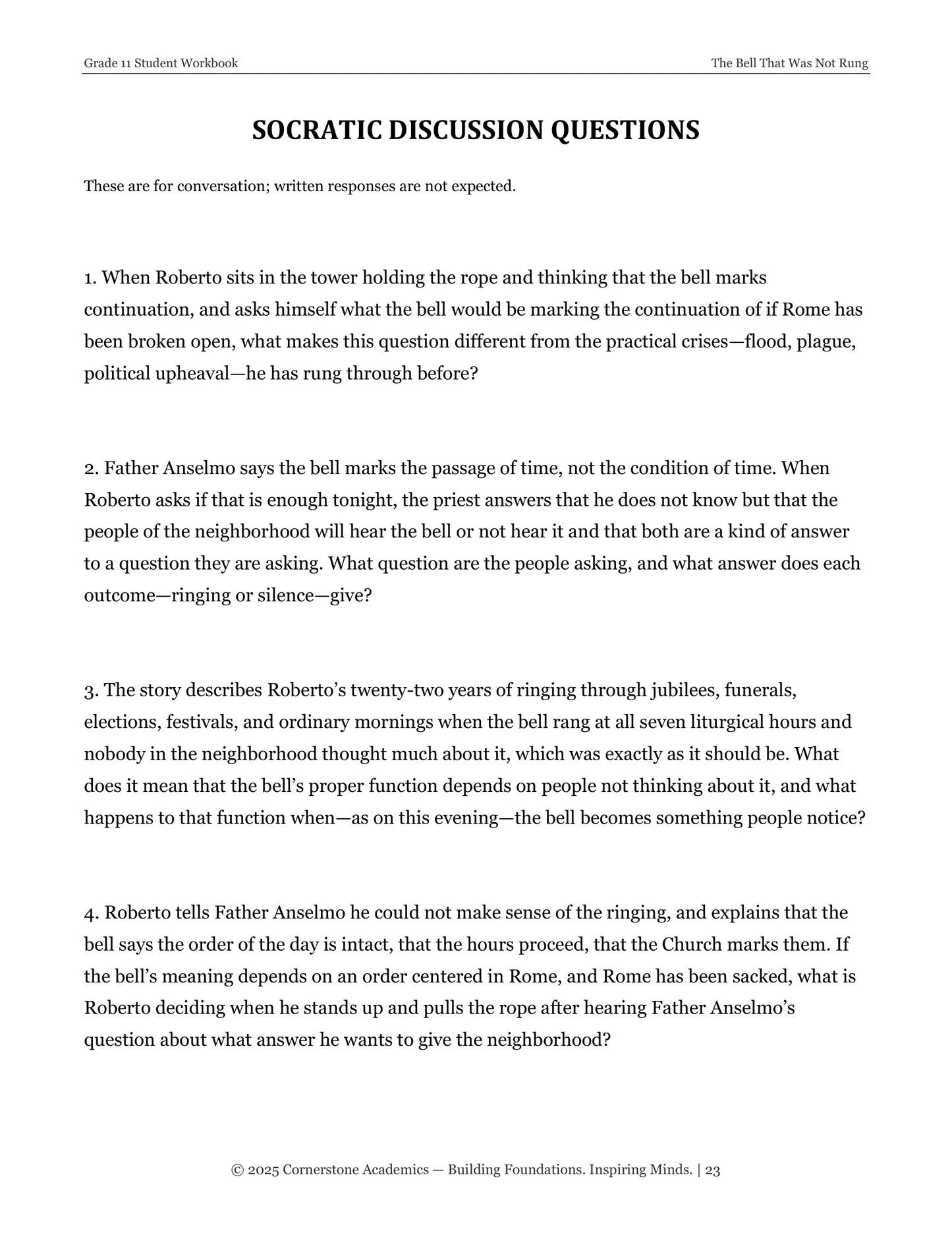 The Bell That Was Not Rung | Grade 11 Classical Literature Packet | Cornerstone Academics