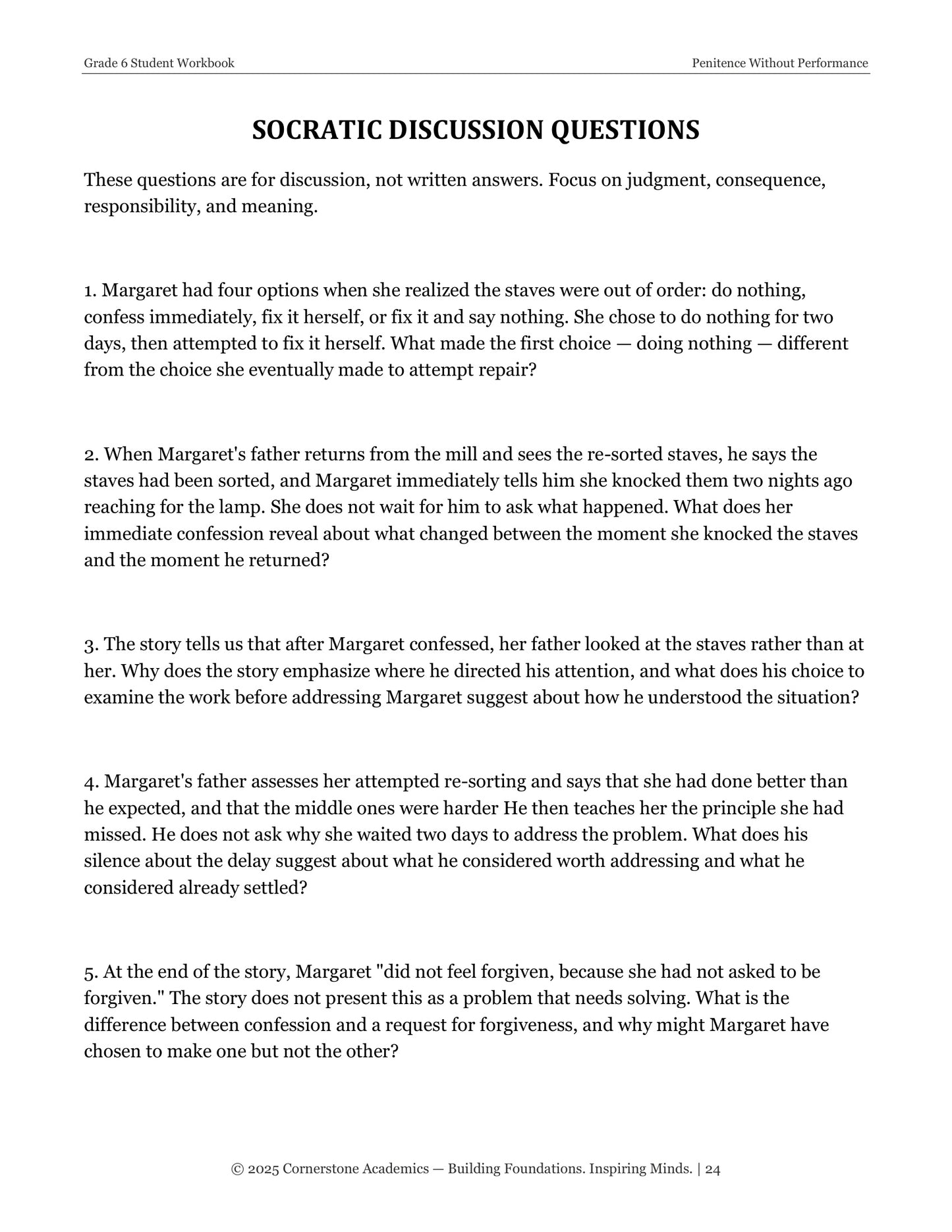 Penitence Without Performance | Grade 6 Classical Literature Packet | Cornerstone Academics