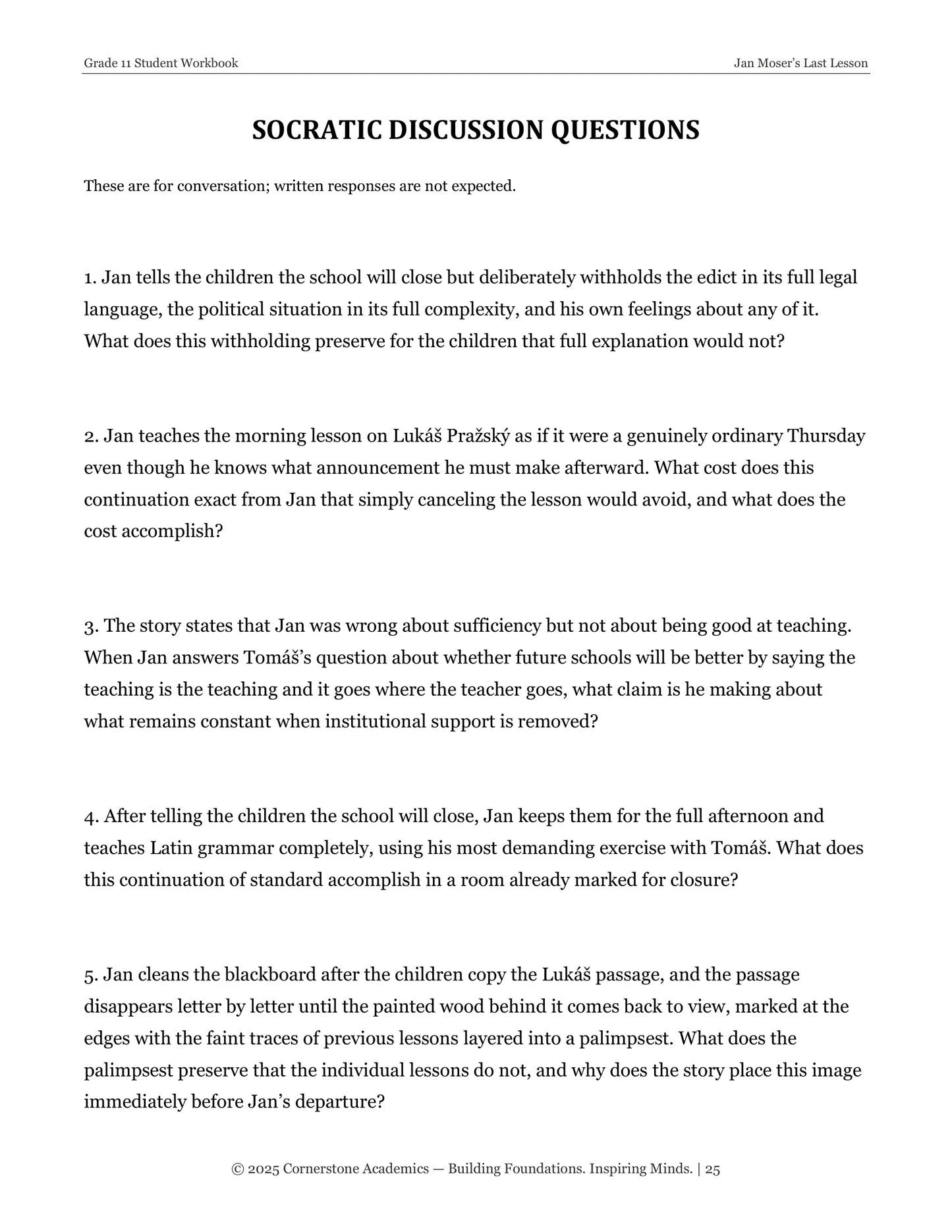 Jan Moser's Last Lesson | Grade 11 Classical Literature Packet | Cornerstone Academics