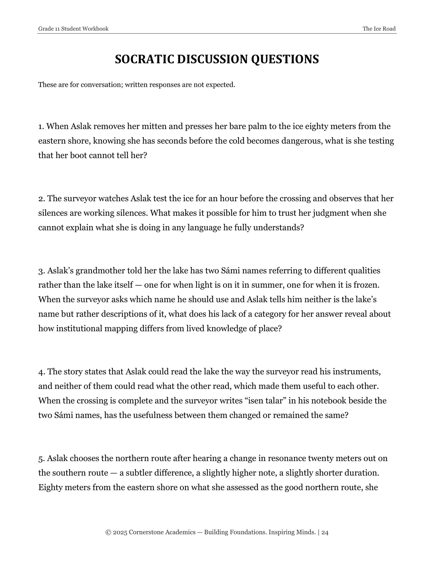 The Ice Road | Grade 11 Classical Literature Packet | Cornerstone Academics