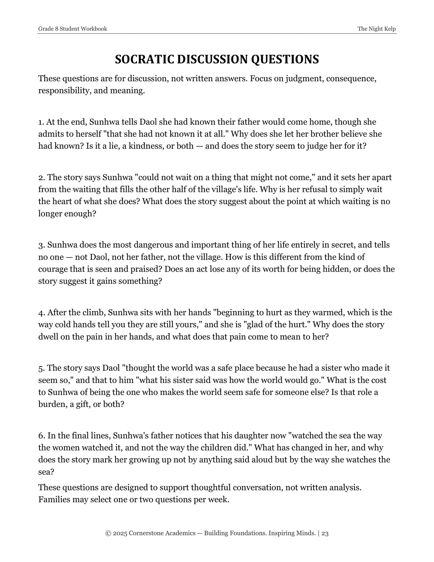 The Night Kelp | Grade 8 Classical Literature Packet | Cornerstone Academics