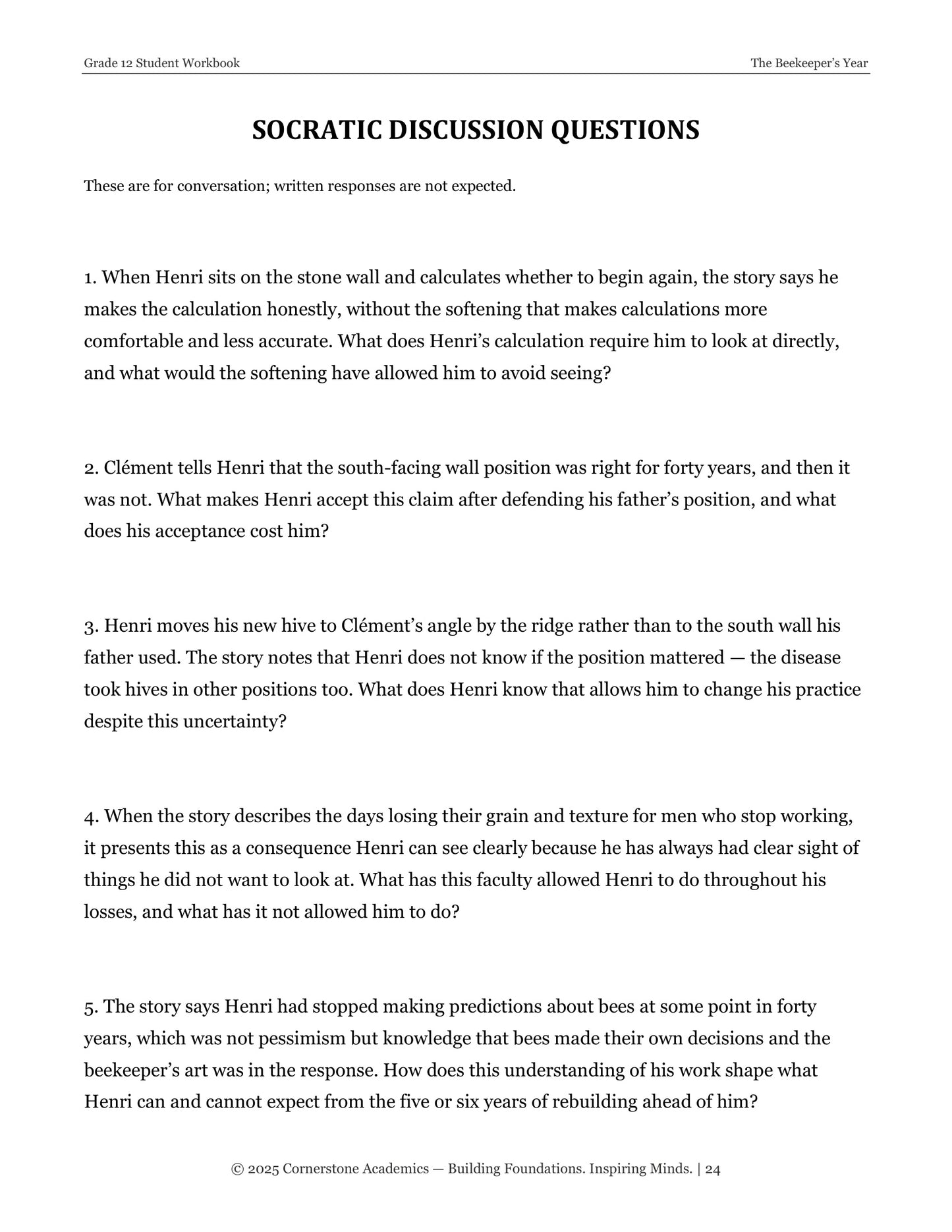 The Beekeeper’s Year | Grade 12 Classical Literature Packet | Cornerstone Academics