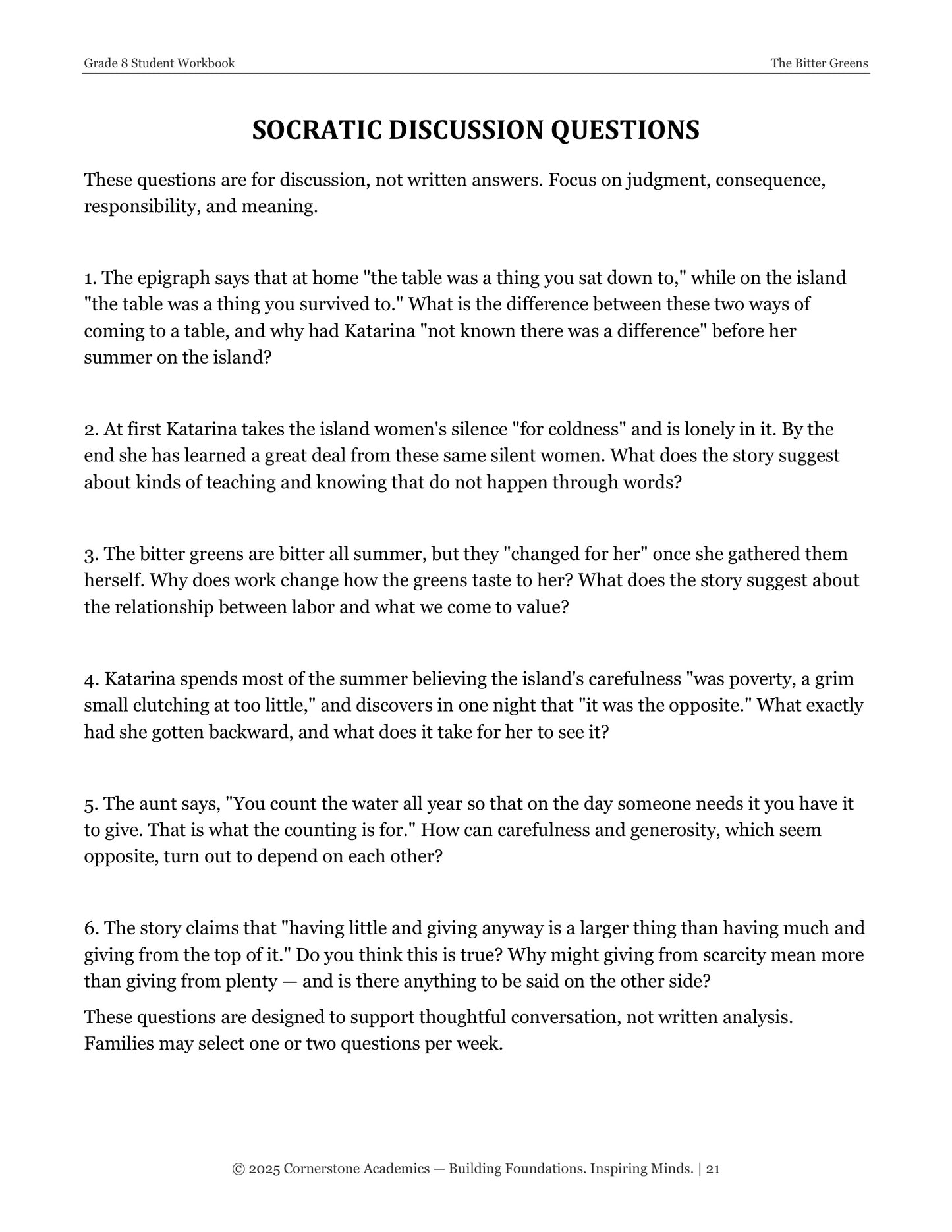 The Bitter Greens | Grade 8 Classical Literature Packet | Cornerstone Academics