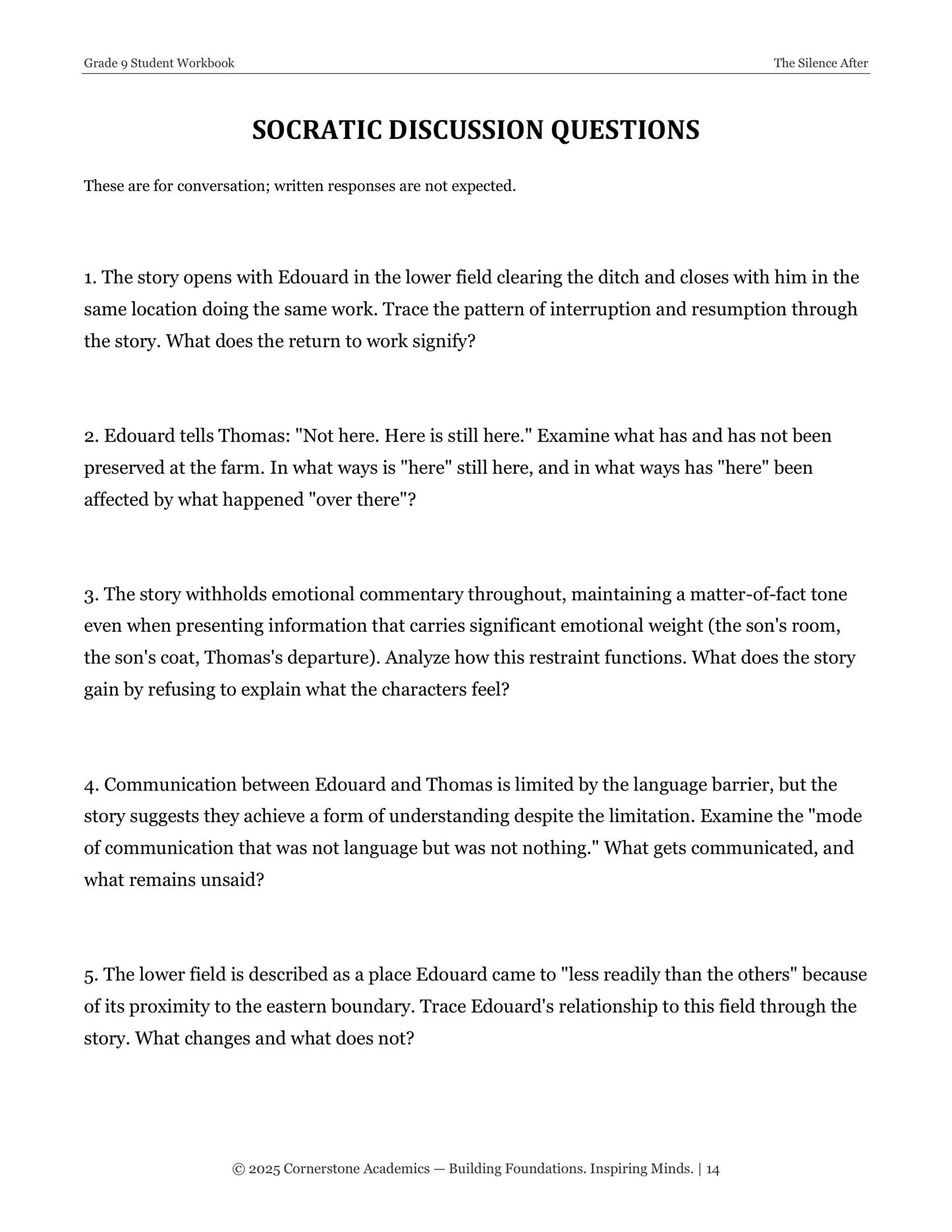 The Silence After | Grade 9 Classical Literature Packet | Cornerstone Academics