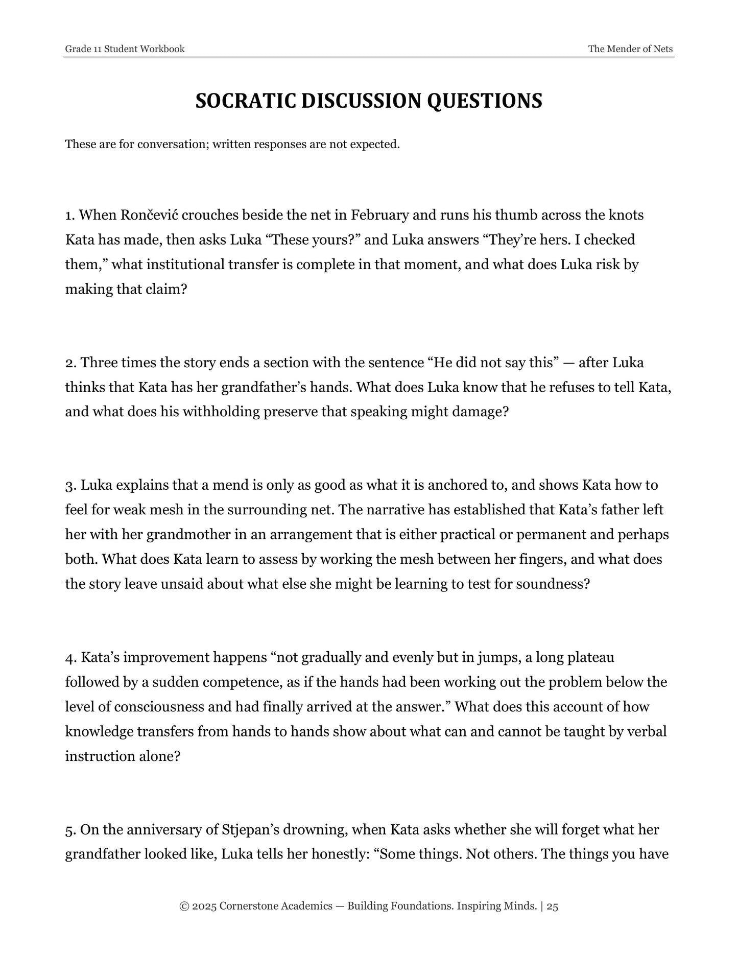The Mender of Nets | Grade 11 Classical Literature Packet | Cornerstone Academics