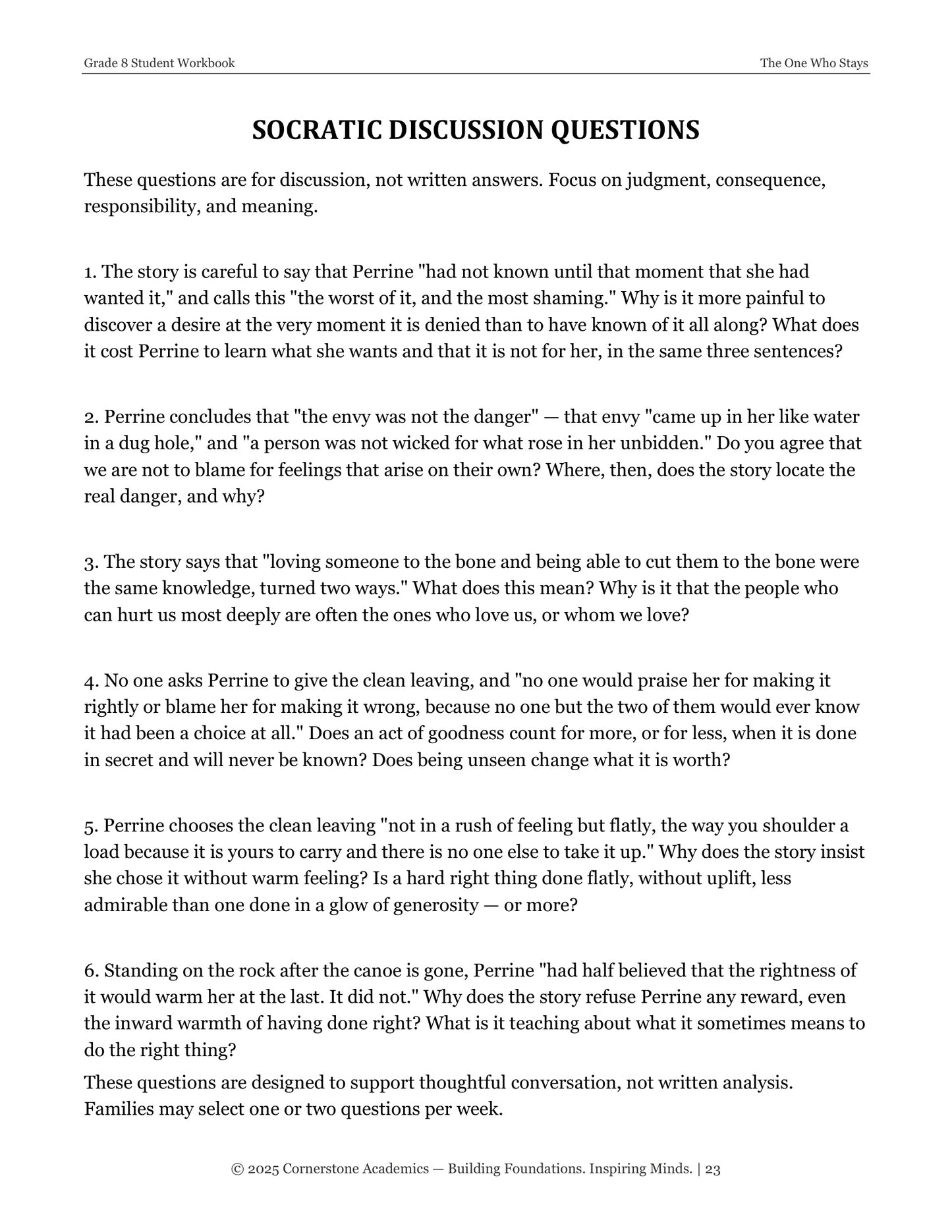 The One Who Stays | Grade 8 Classical Literature Packet | Cornerstone Academics