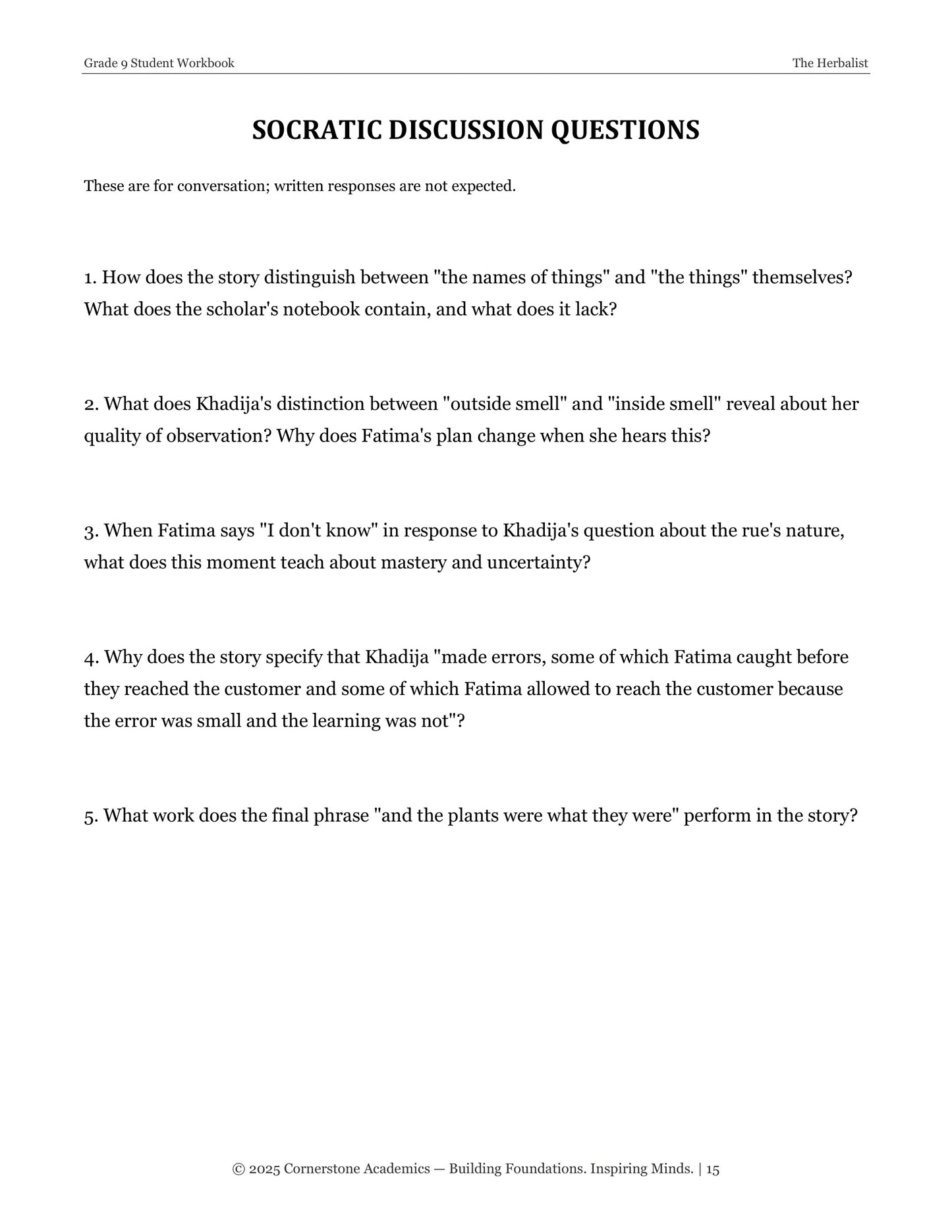 The Herbalist | Grade 9 Classical Literature Packet | Cornerstone Academics