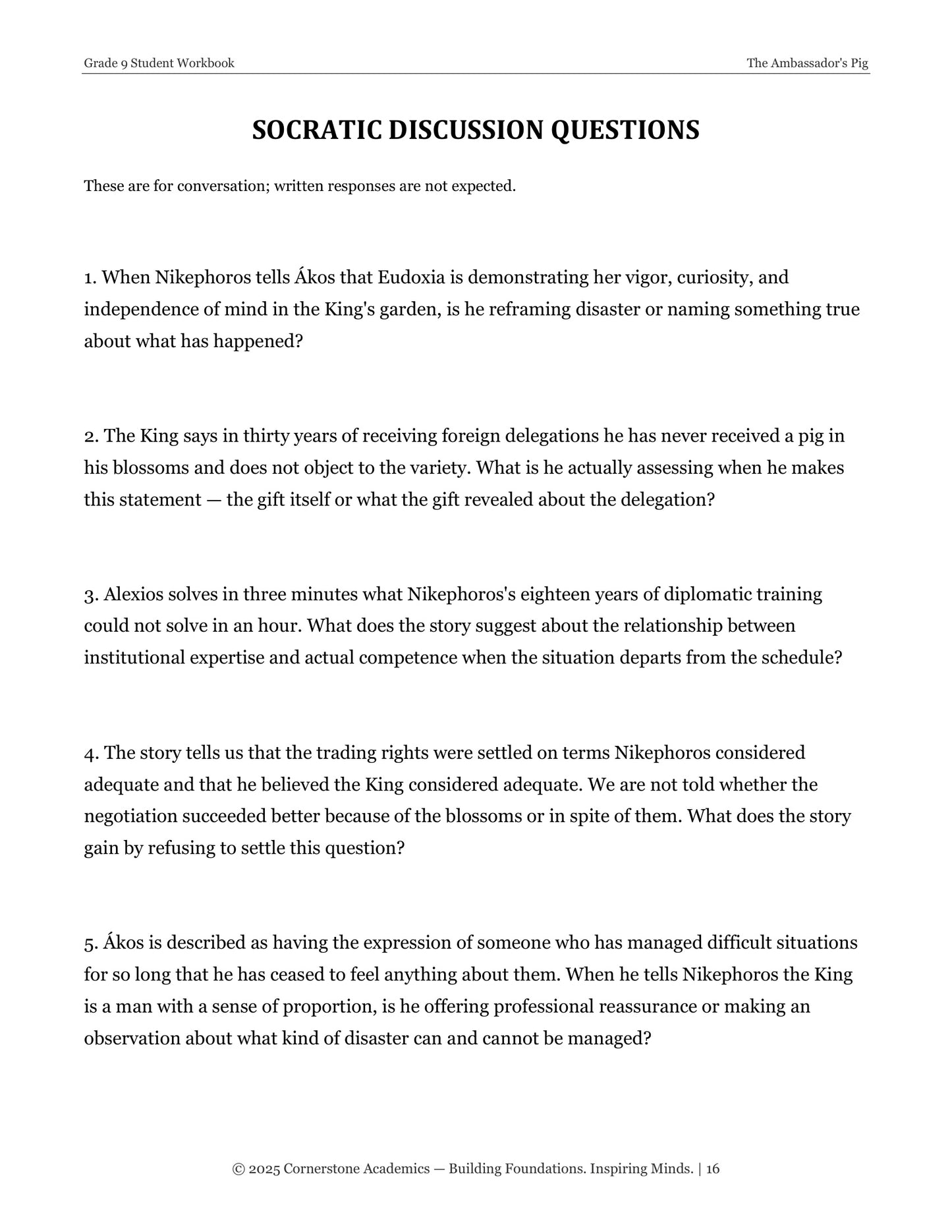 The Ambassador's Pig | Grade 9 Classical Literature Packet | Cornerstone Academics