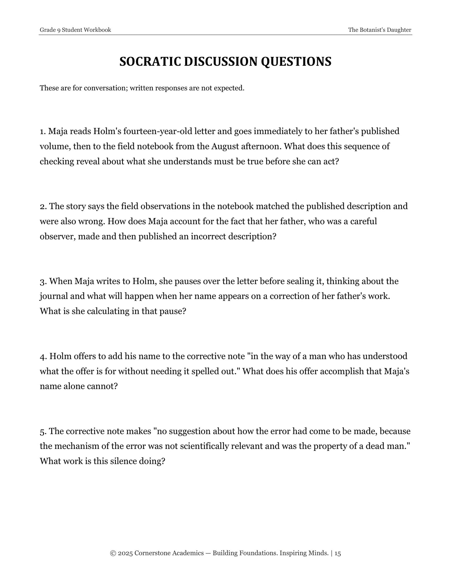 The Botanist's Daughter | Grade 9 Classical Literature Packet | Cornerstone Academics