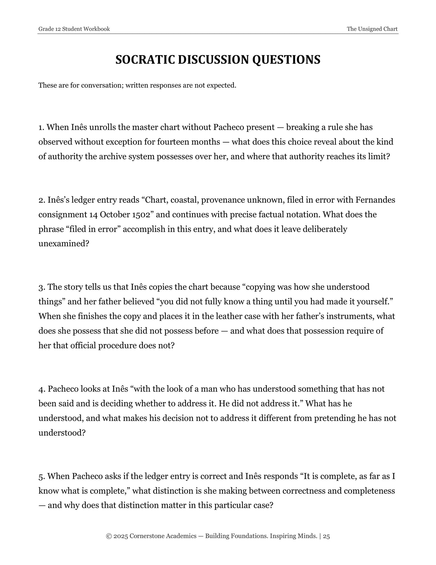 The Unsigned Chart | Grade 12 Classical Literature Packet | Cornerstone Academics