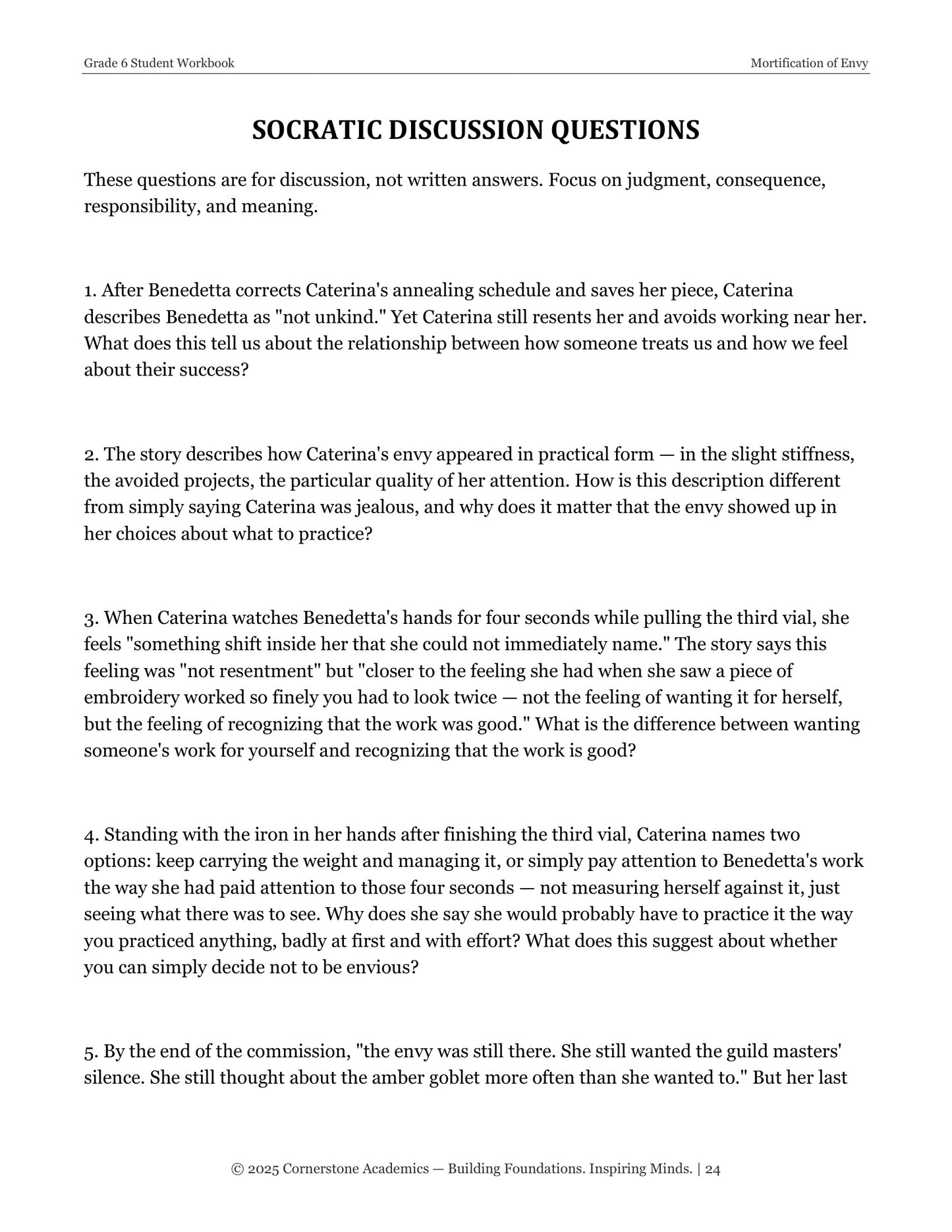 Mortification of Envy | Grade 6 Classical Literature Packet | Cornerstone Academics