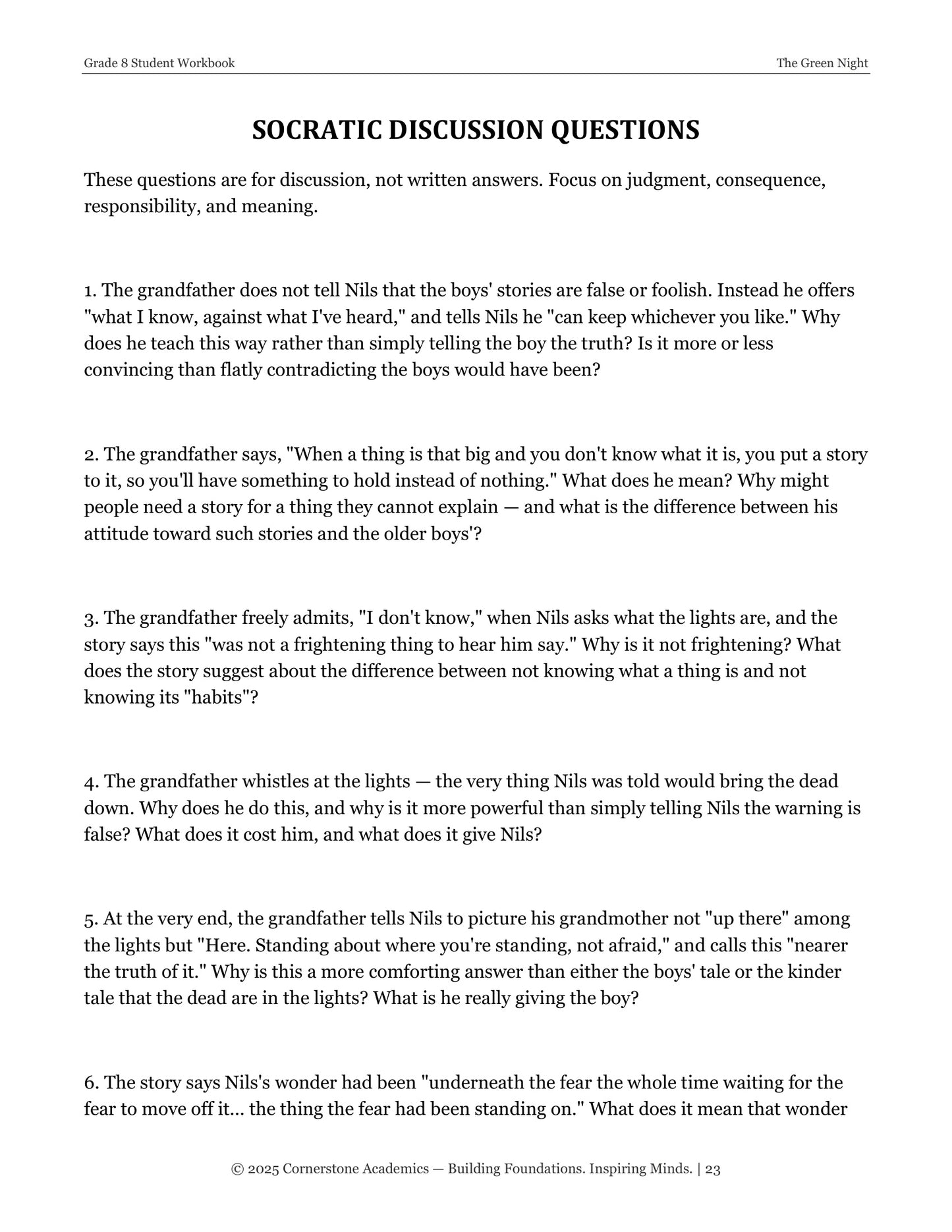 The Green Night | Grade 8 Classical Literature Packet | Cornerstone Academics