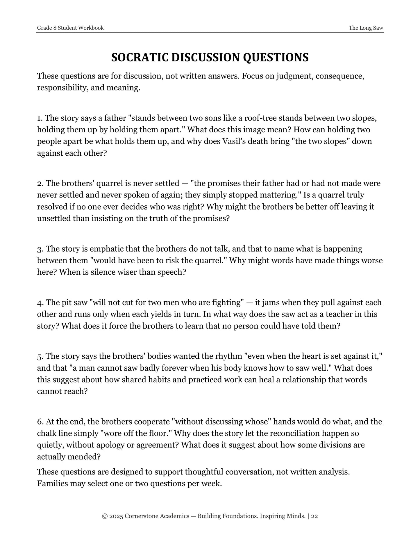 The Long Saw | Grade 8 Classical Literature Packet | Cornerstone Academics
