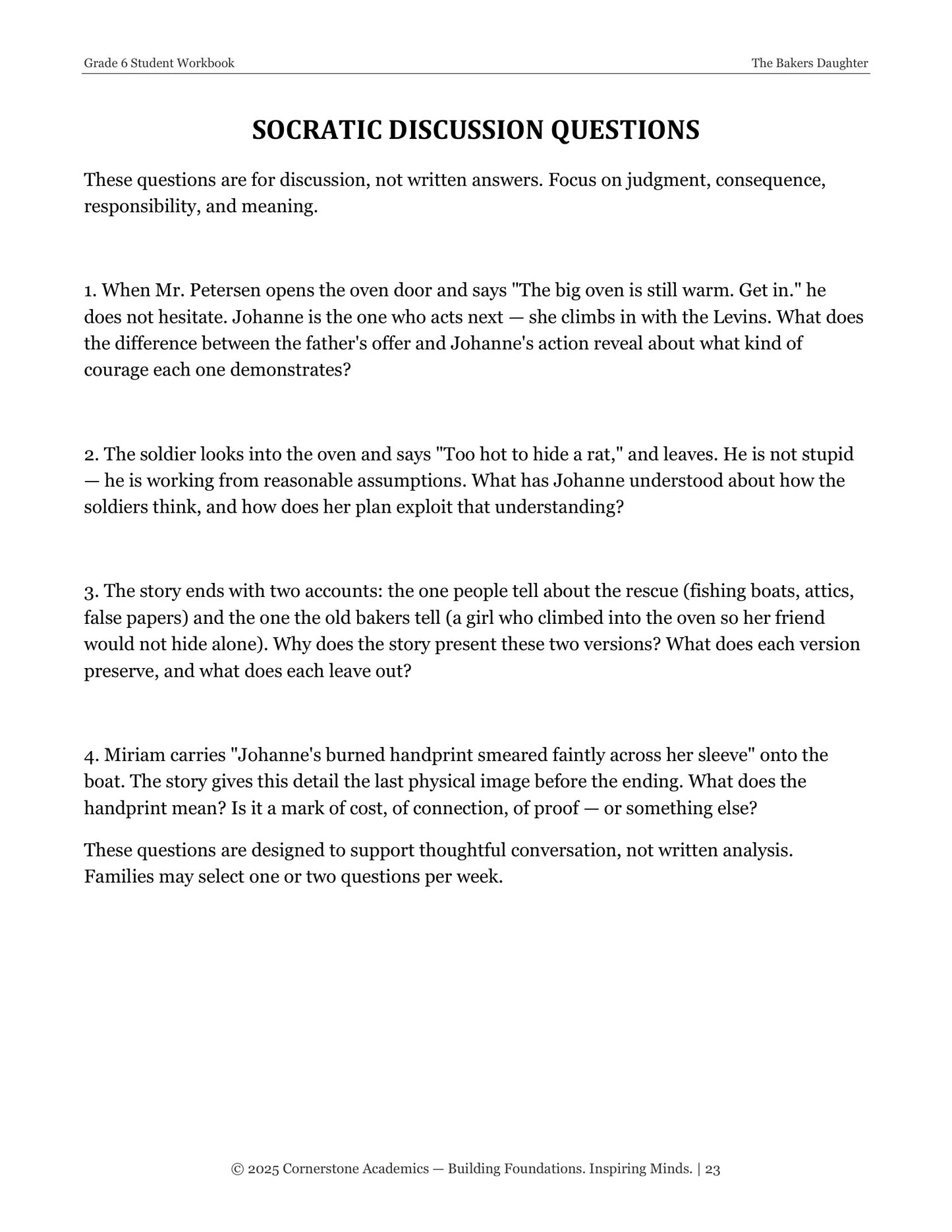 The Baker's Daughter | Grade 6 Classical Literature Packet | Cornerstone Academics