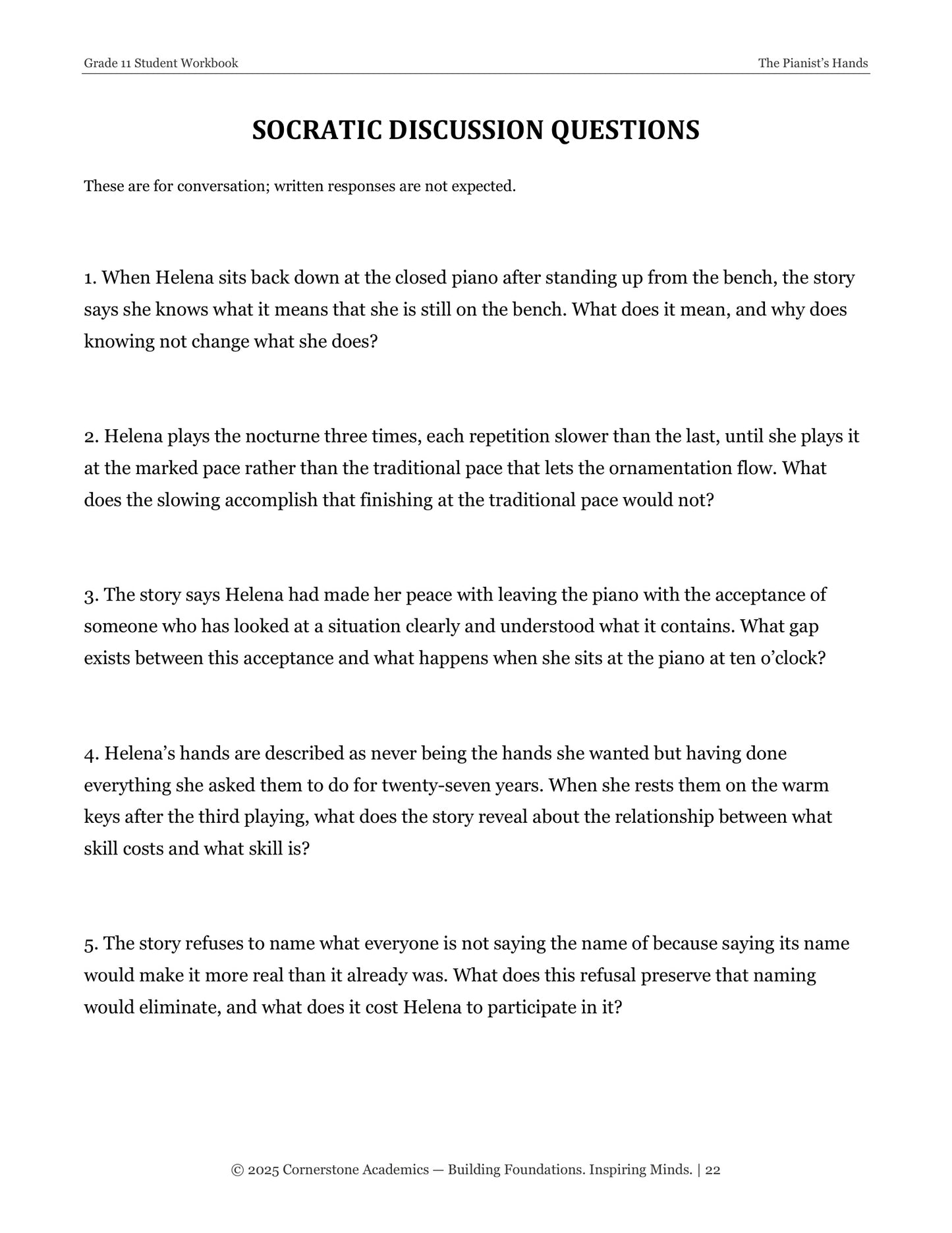 The Pianist's Hands | Grade 11 Classical Literature Packet | Cornerstone Academics