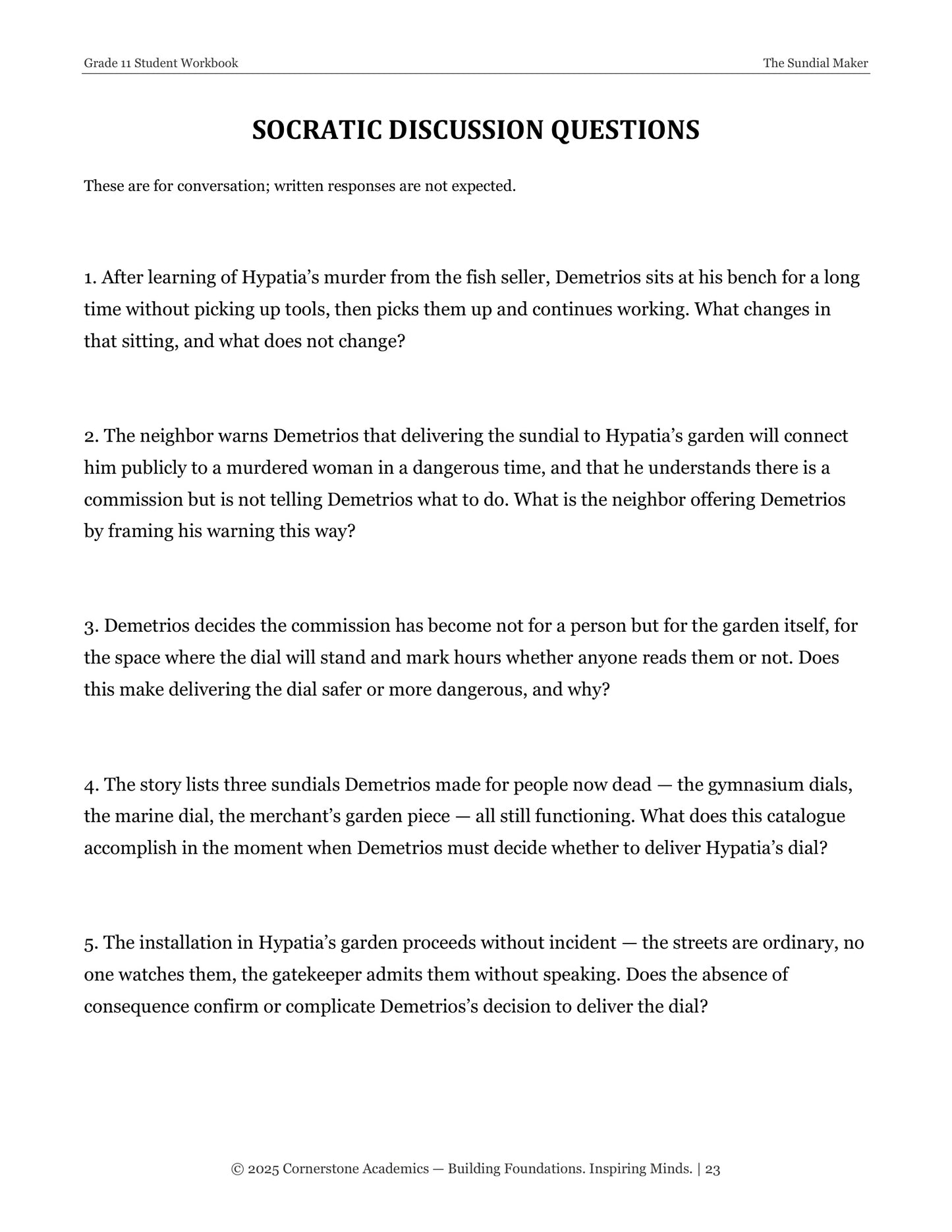 The Sundial Maker | Grade 11 Classical Literature Packet | Cornerstone Academics