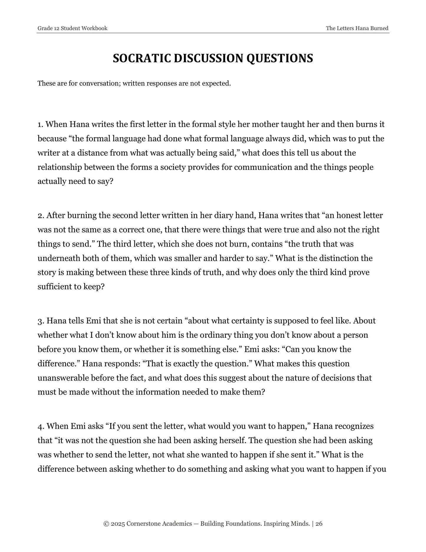 The Letters Hana Burned | Grade 12 Classical Literature Packet | Cornerstone Academics
