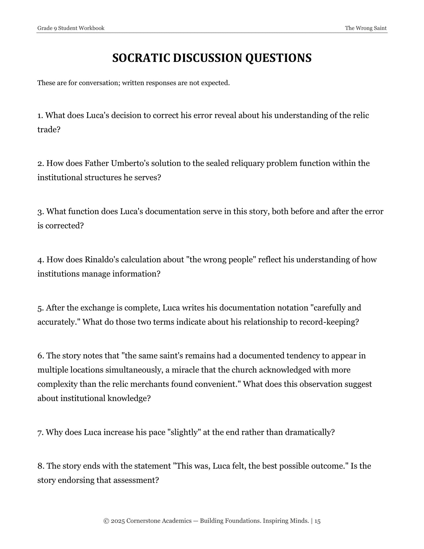 The Wrong Saint | Grade 9 Classical Literature Packet | Cornerstone Academics