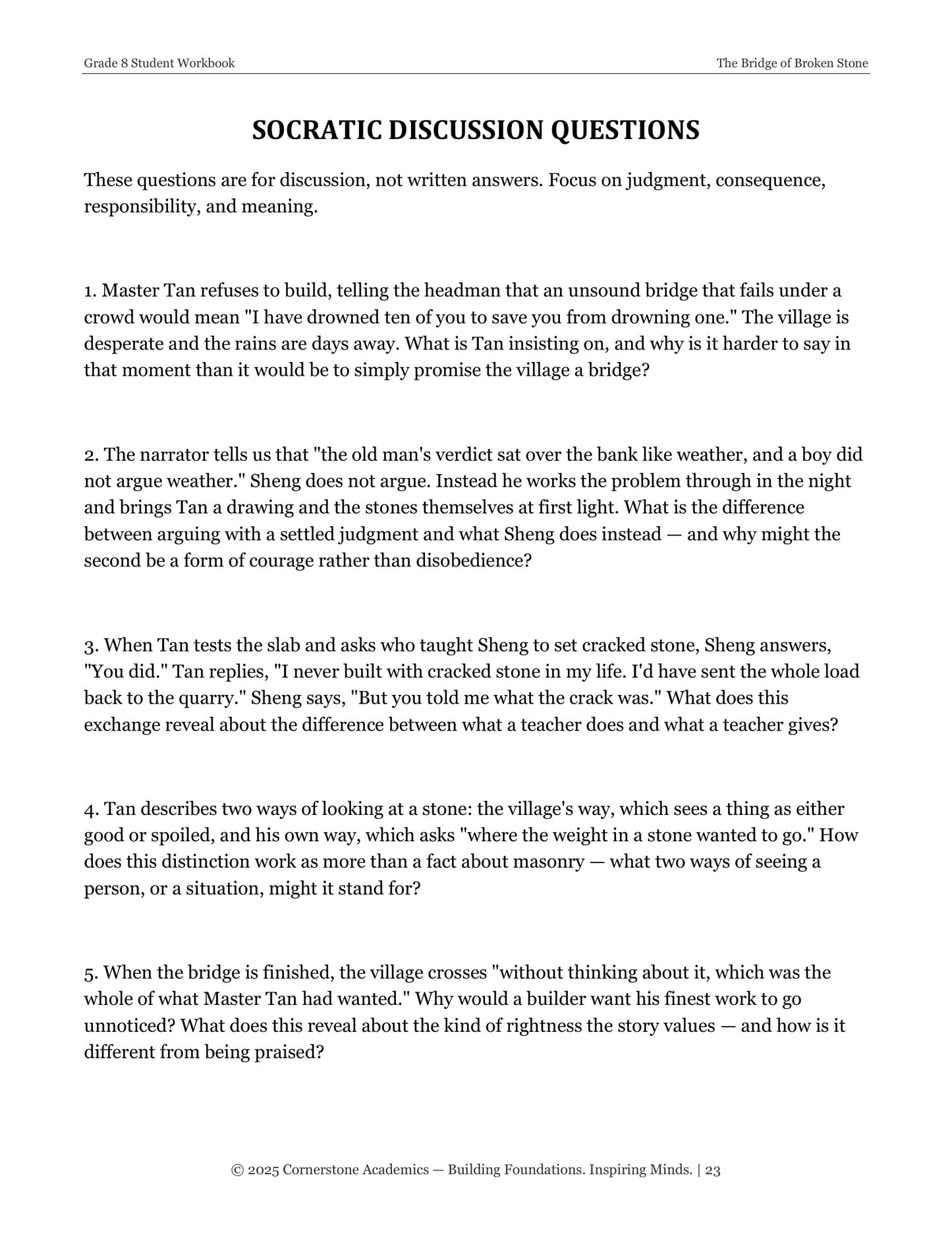 The Bridge of Broken Stone | Grade 8 Classical Literature Packet | Cornerstone Academics